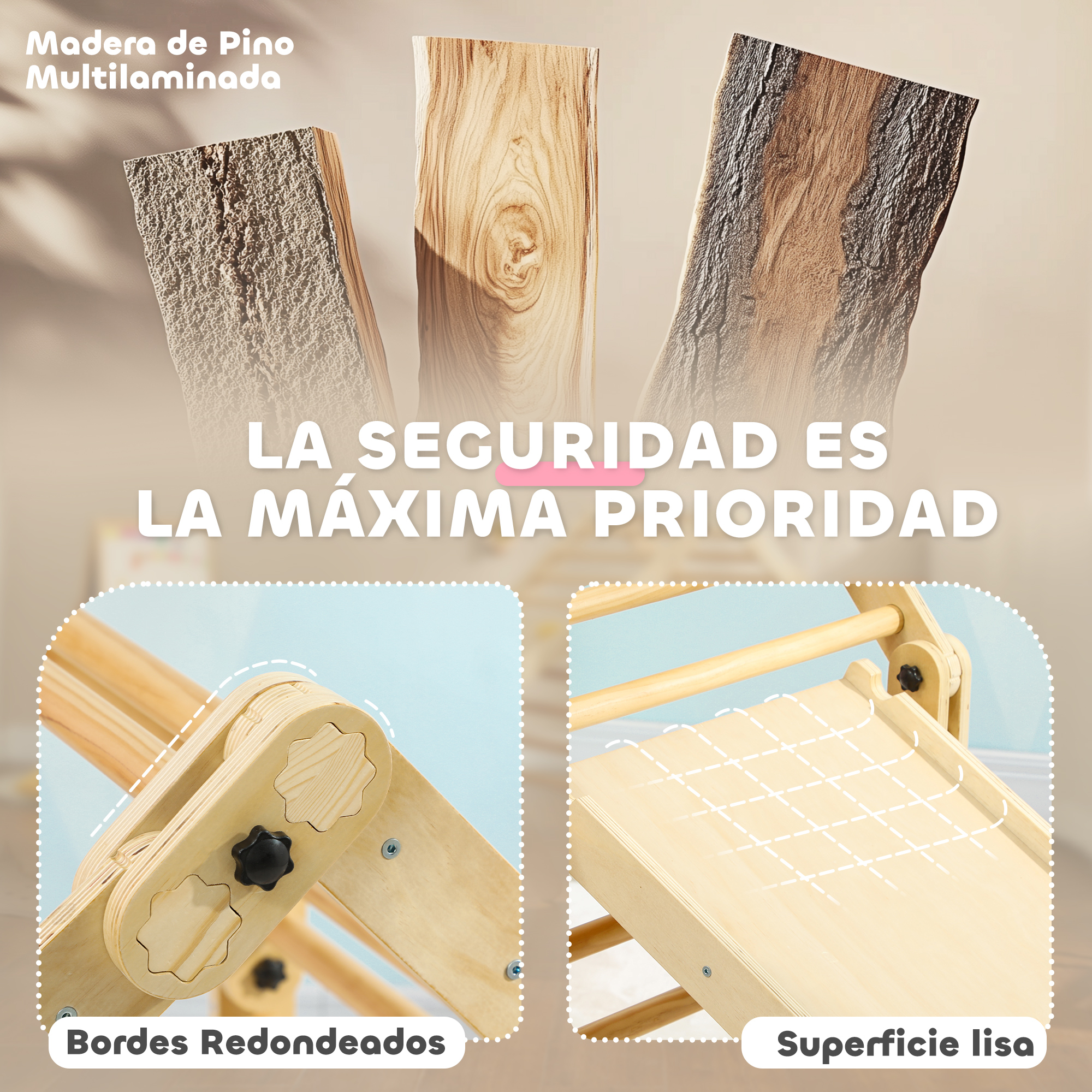 Muestras de madera y detalles de un juguete de madera con bordes redondeados y superficie lisa.