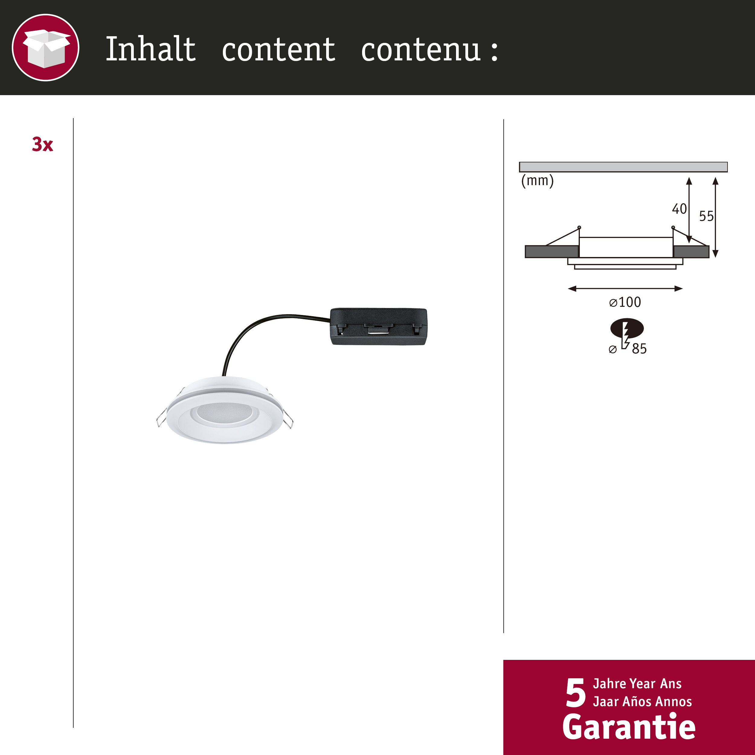 Ein weißer Einbauspot mit schwarzem Kabel und Stecker, technische Zeichnung mit Maßen.