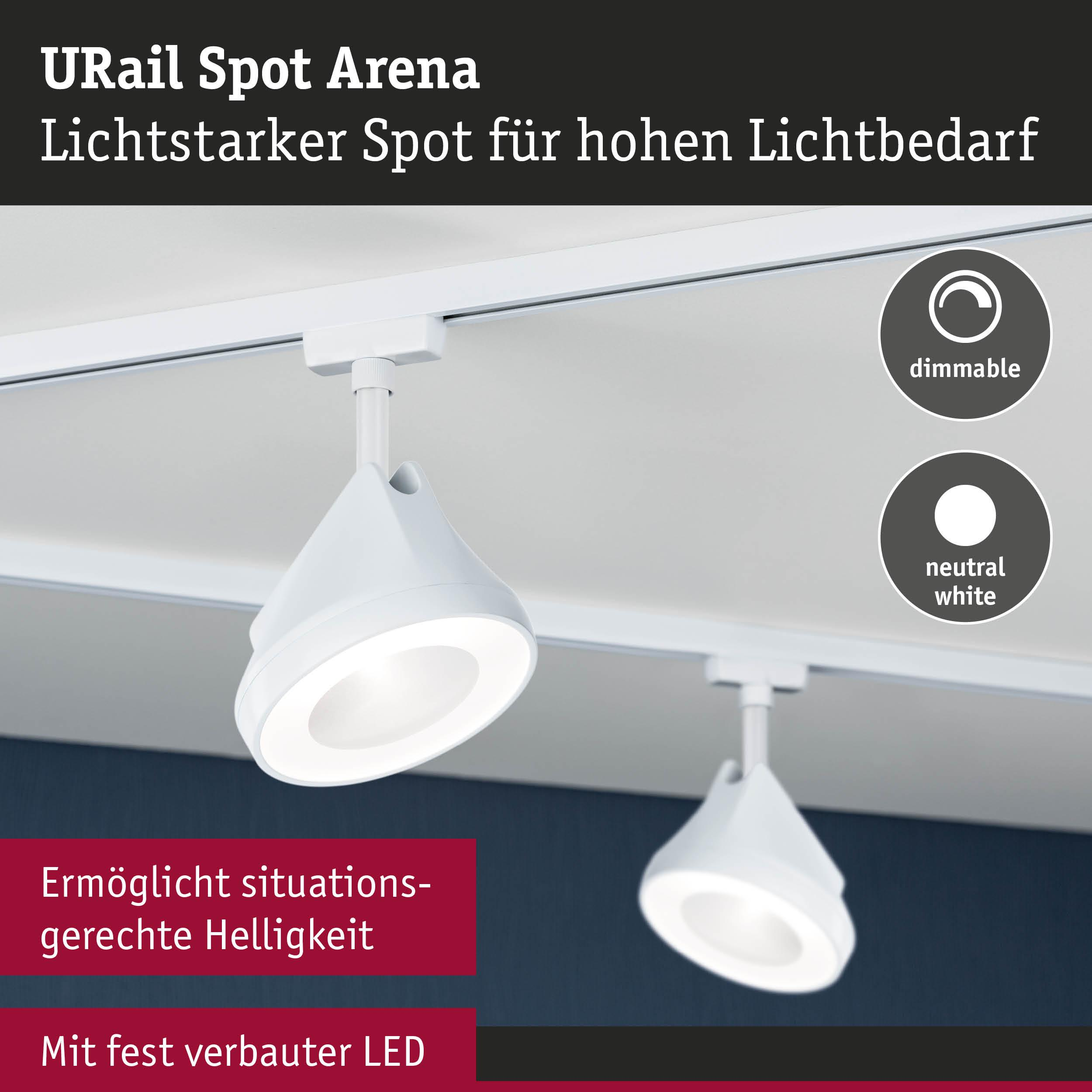 Weiße Schienenstrahler mit dimmbarem, neutralweißem Licht.