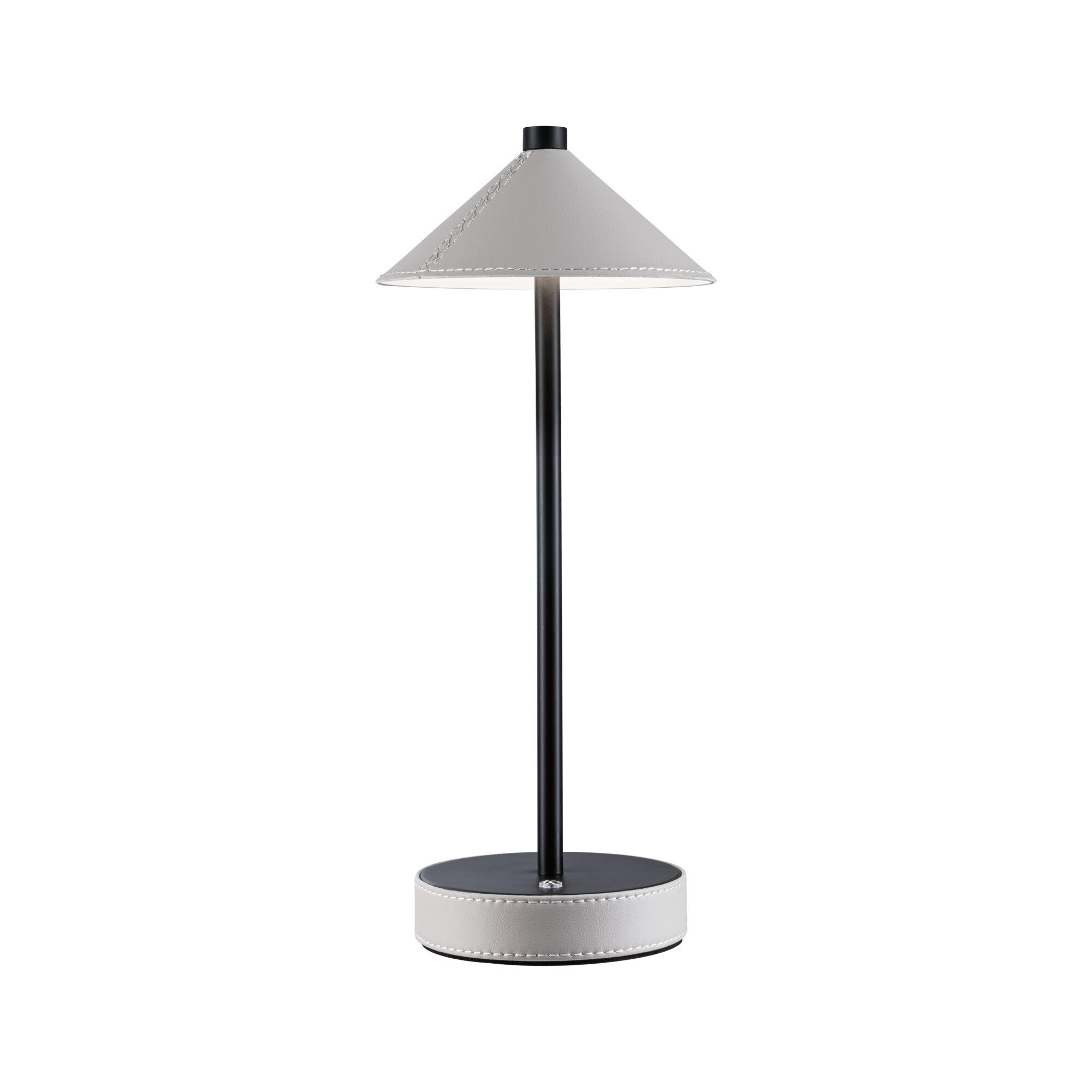 Biała lampa stołowa z czarną nóżką i podstawą.