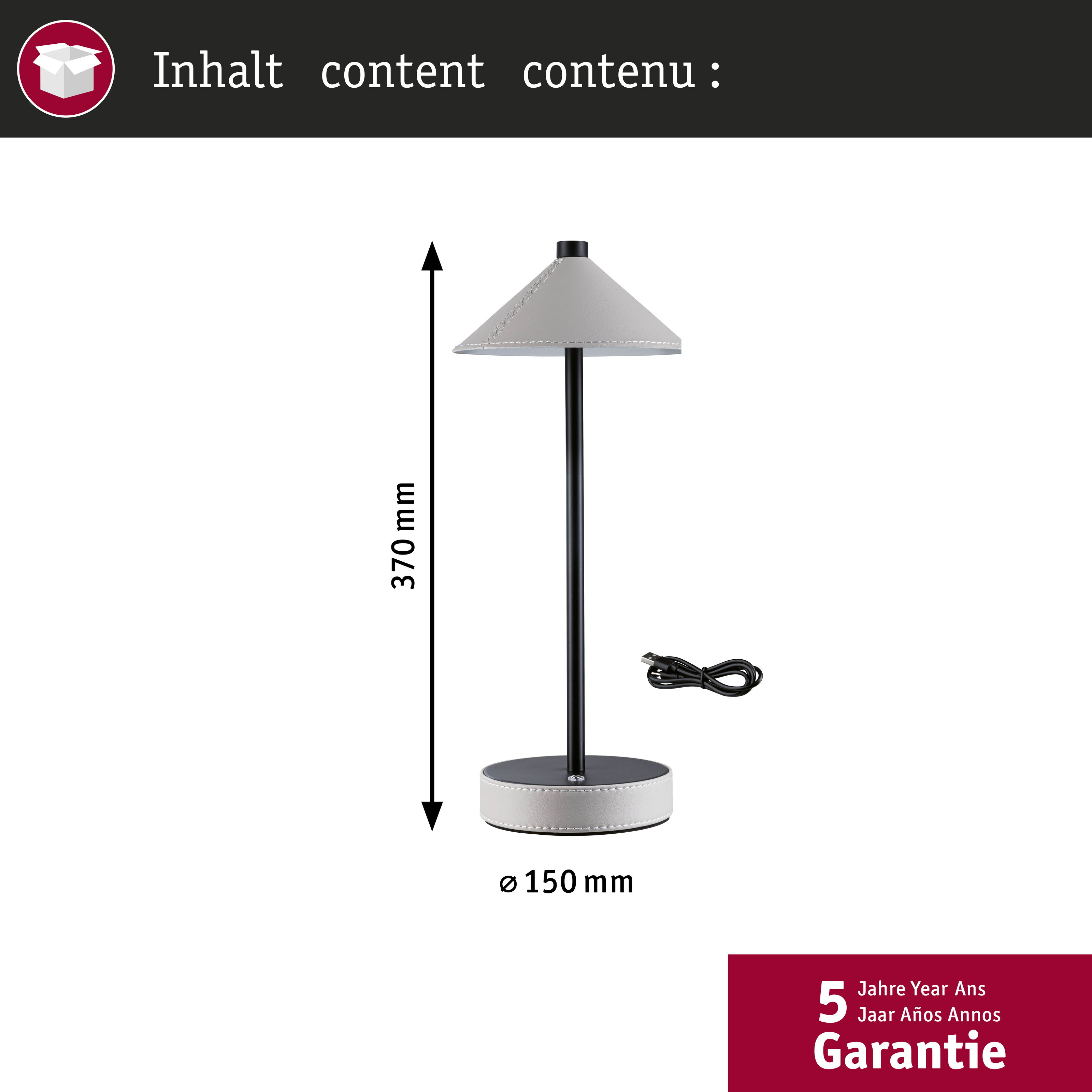 Szara lampa stołowa z czarną podstawą i kablem USB, wysokość 370mm, szerokość 150mm.