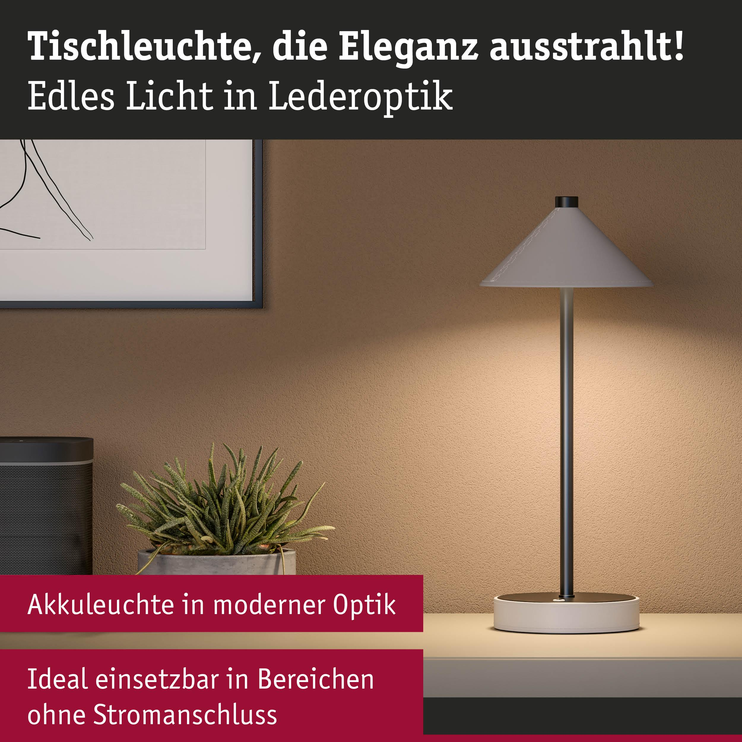 Elegancka lampa stołowa w optyce skóry z akumulatorem, idealna do miejsc bez prądu.