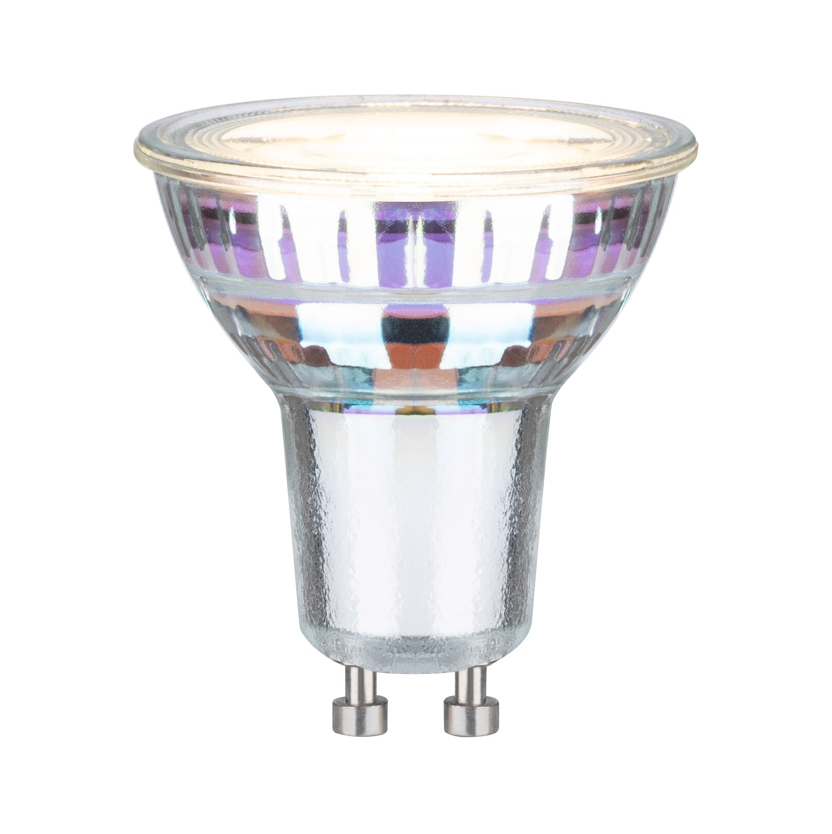 Eine klare Glas-LED-Lampe mit zwei Stiften und violetten Akzenten.