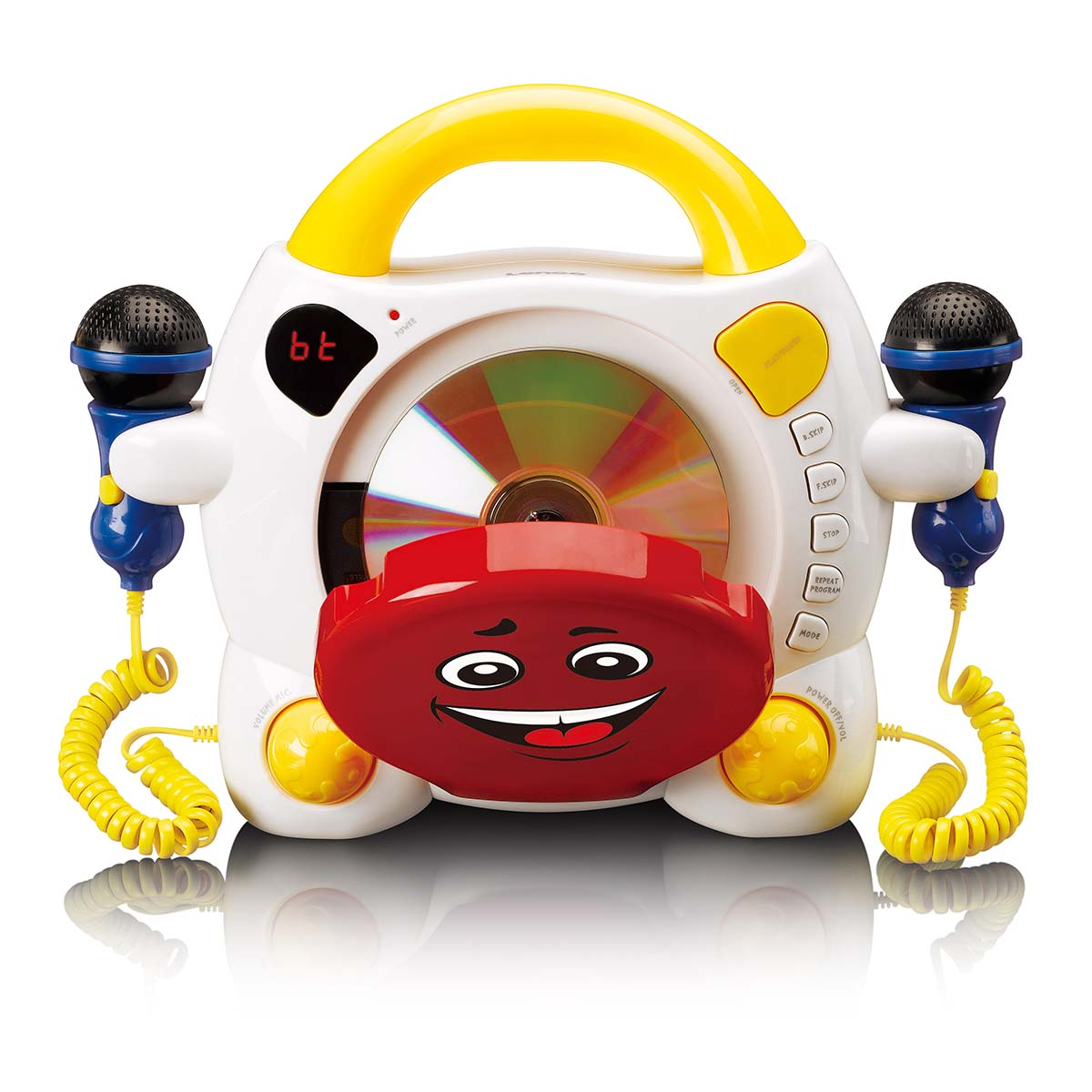 Ein weißer Karaoke-CD-Player mit CD, zwei Mikrofonen und einem roten Smiley-Gesicht.