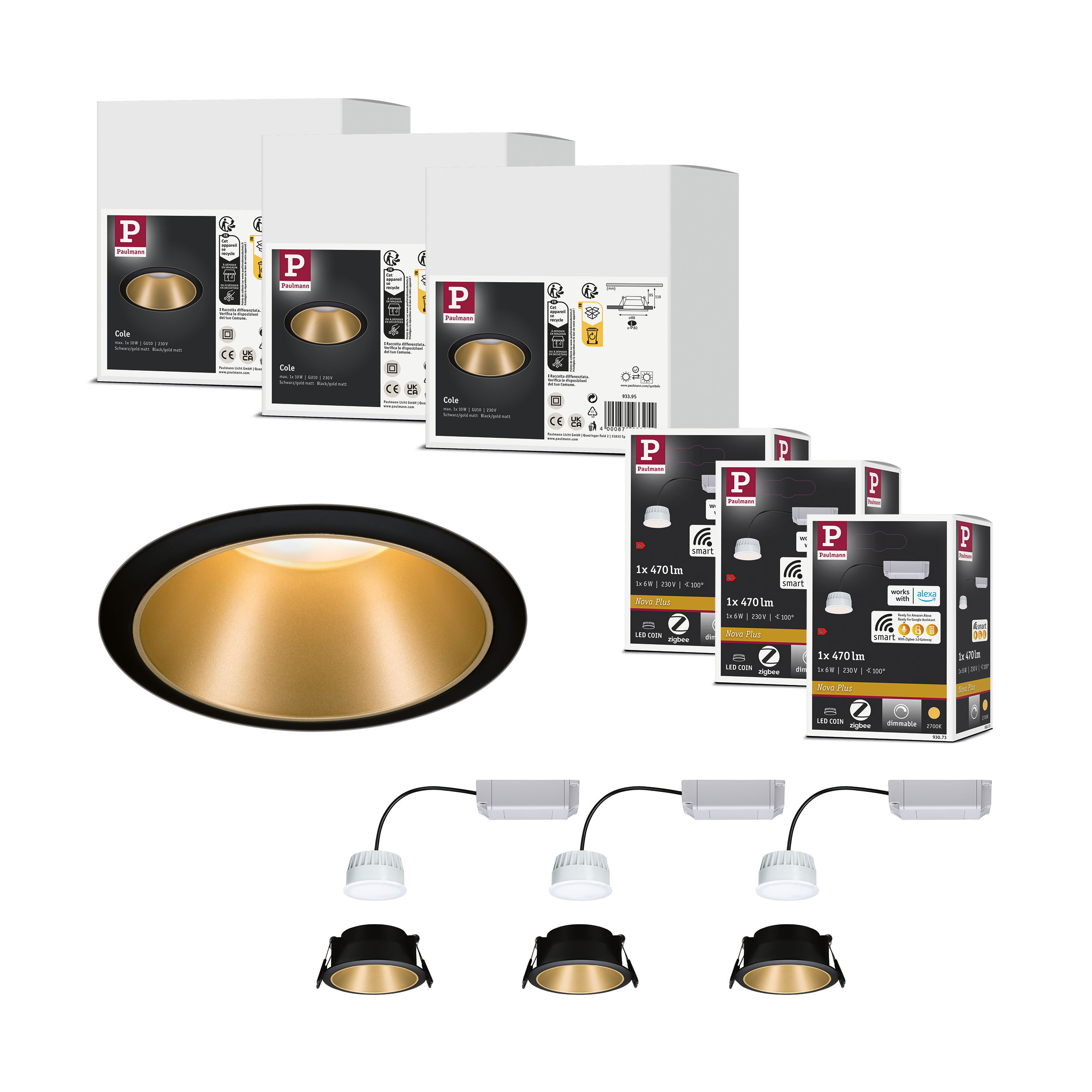 Kilka wpuszczanych reflektorów LED Paulmann Cole i zestawów smart.