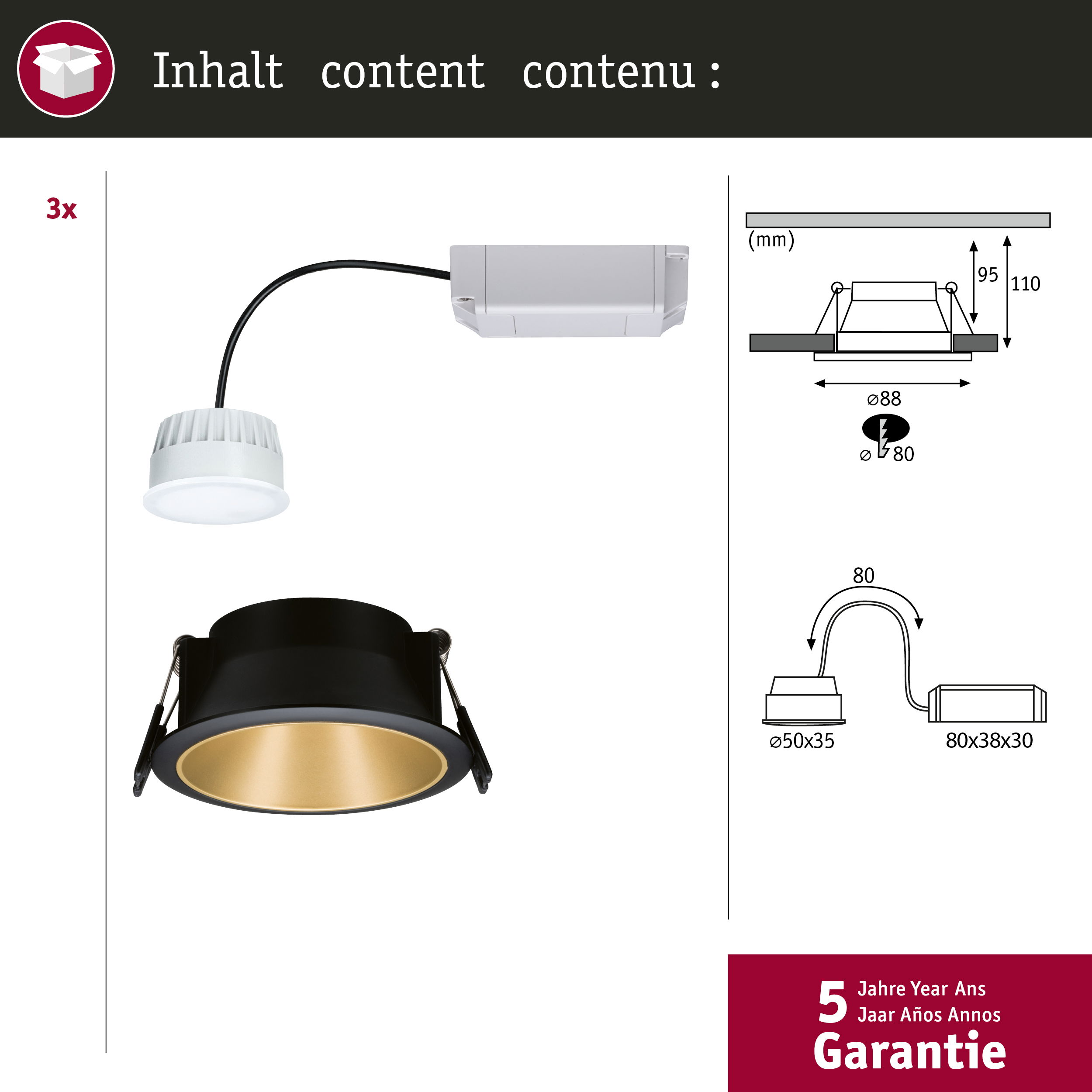 Czarne światło podtynkowe ze złotym wnętrzem, sterownik, wymiary.