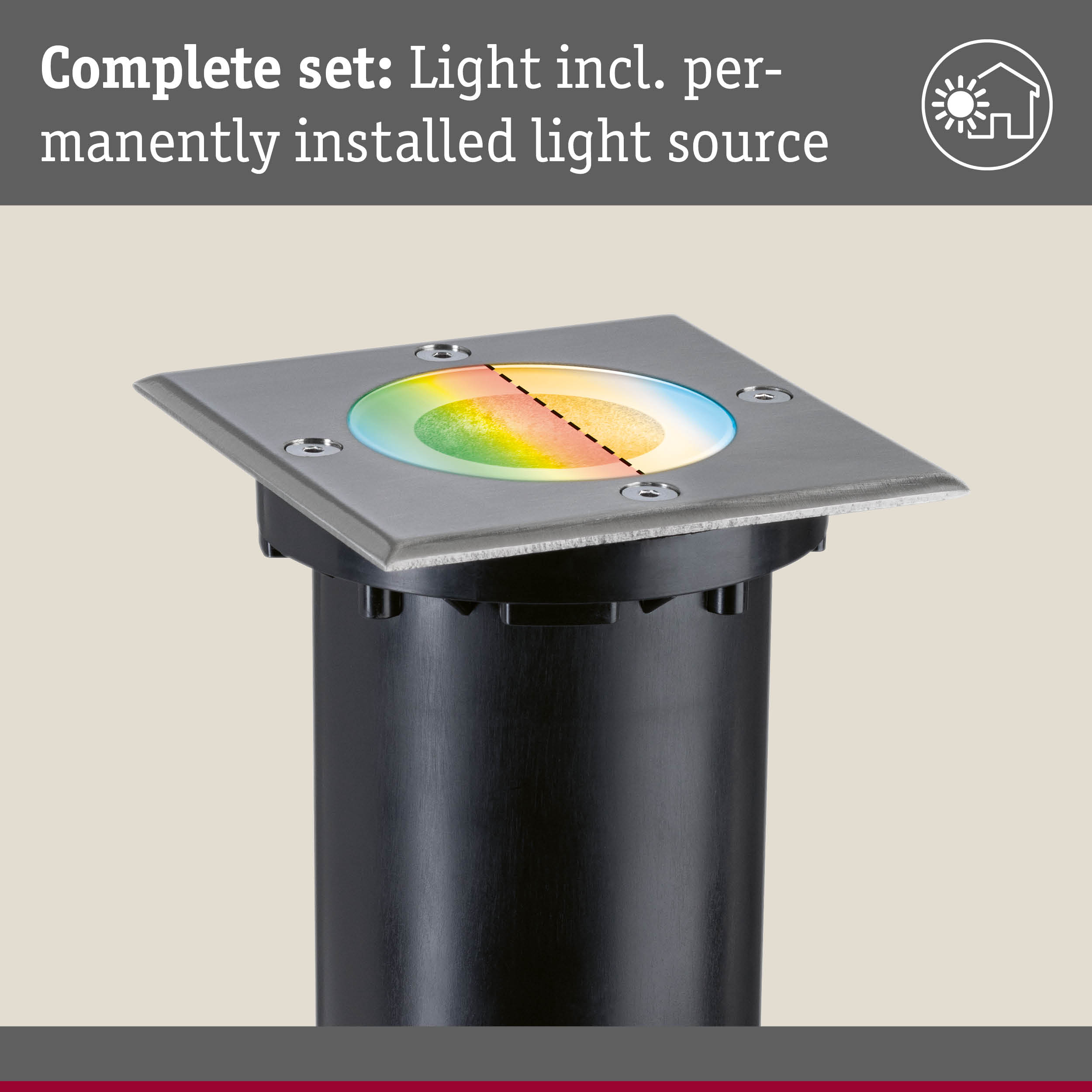 Wpuszczany reflektor zewnętrzny z metalową obudową i kolorowym światłem.