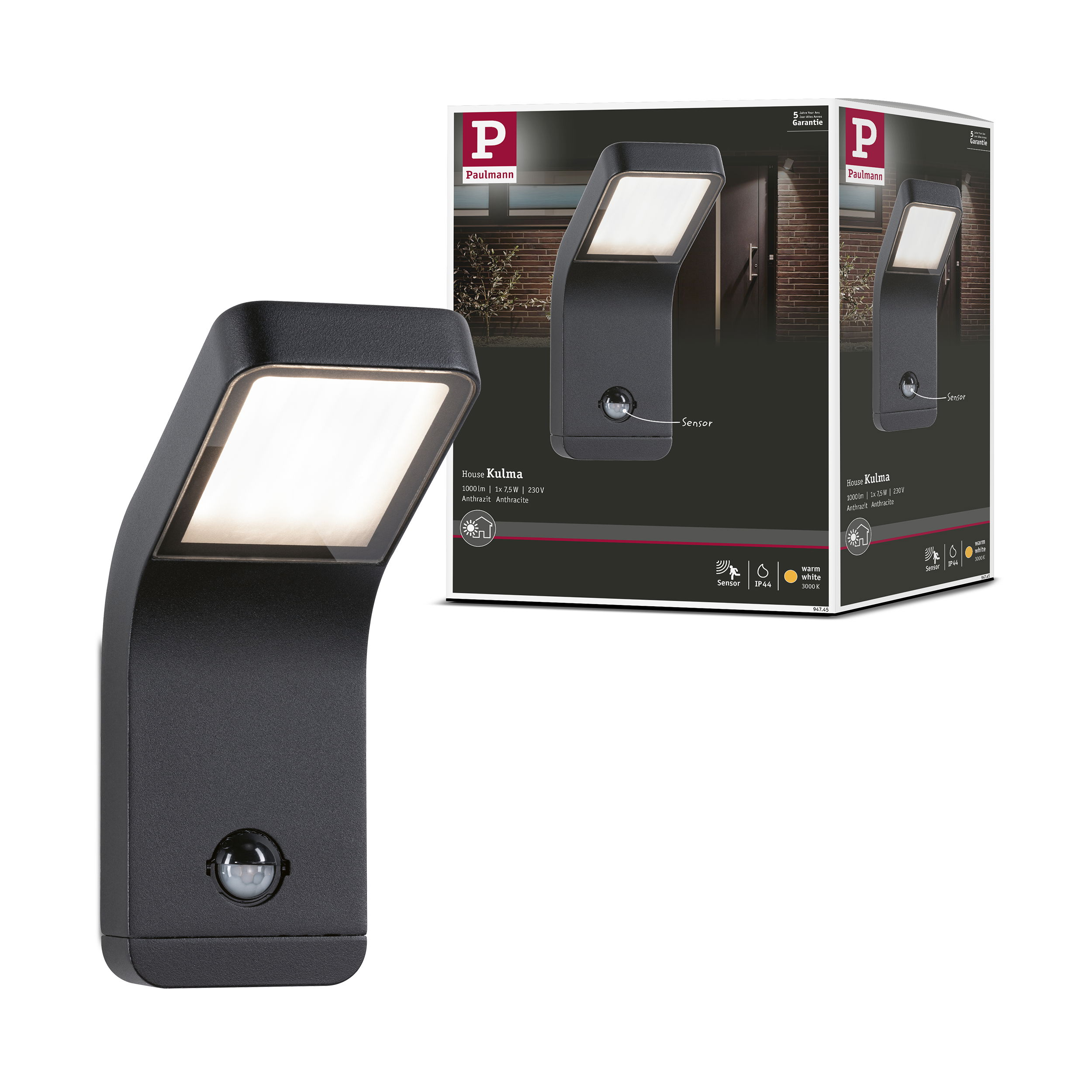 Czarna lampa ścienna Paulmann z czujnikiem i ciepłym białym światłem.