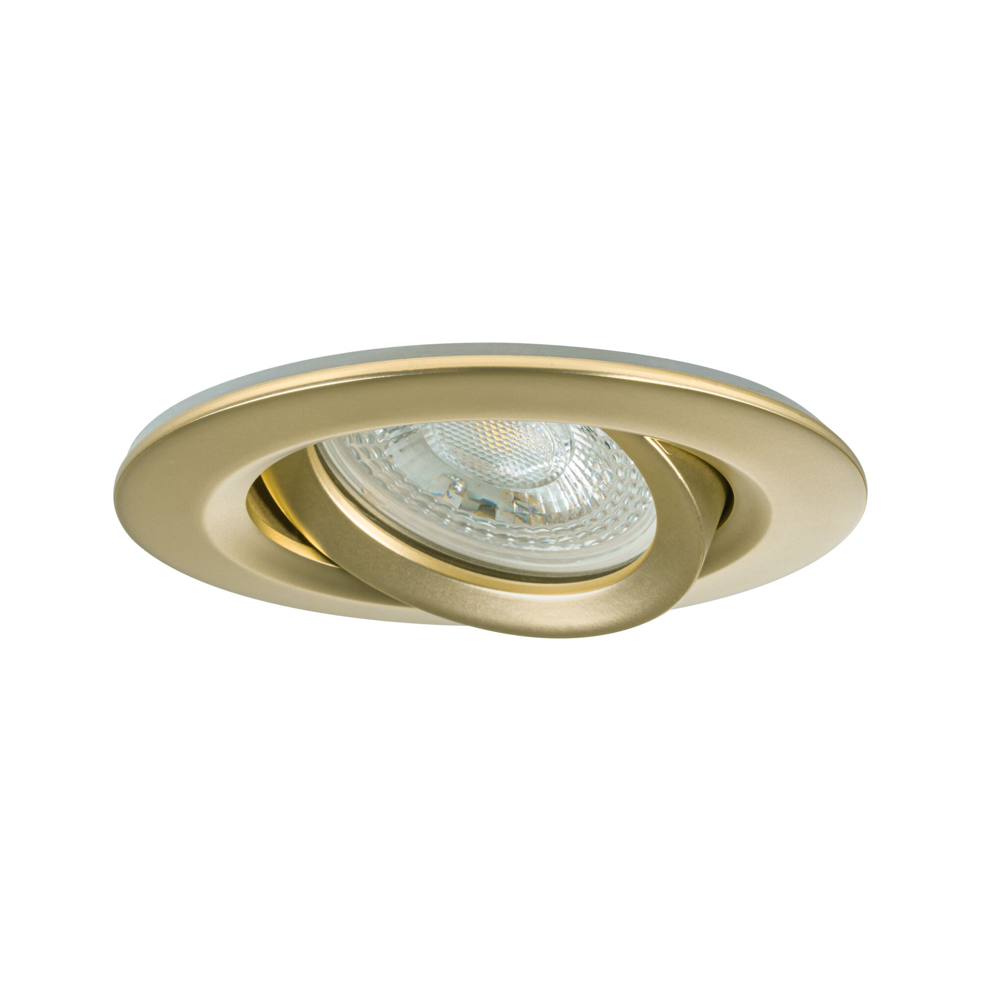 Ein goldfarbener Einbaustrahler mit drehbarem Ring und sichtbarem Leuchtmittel.