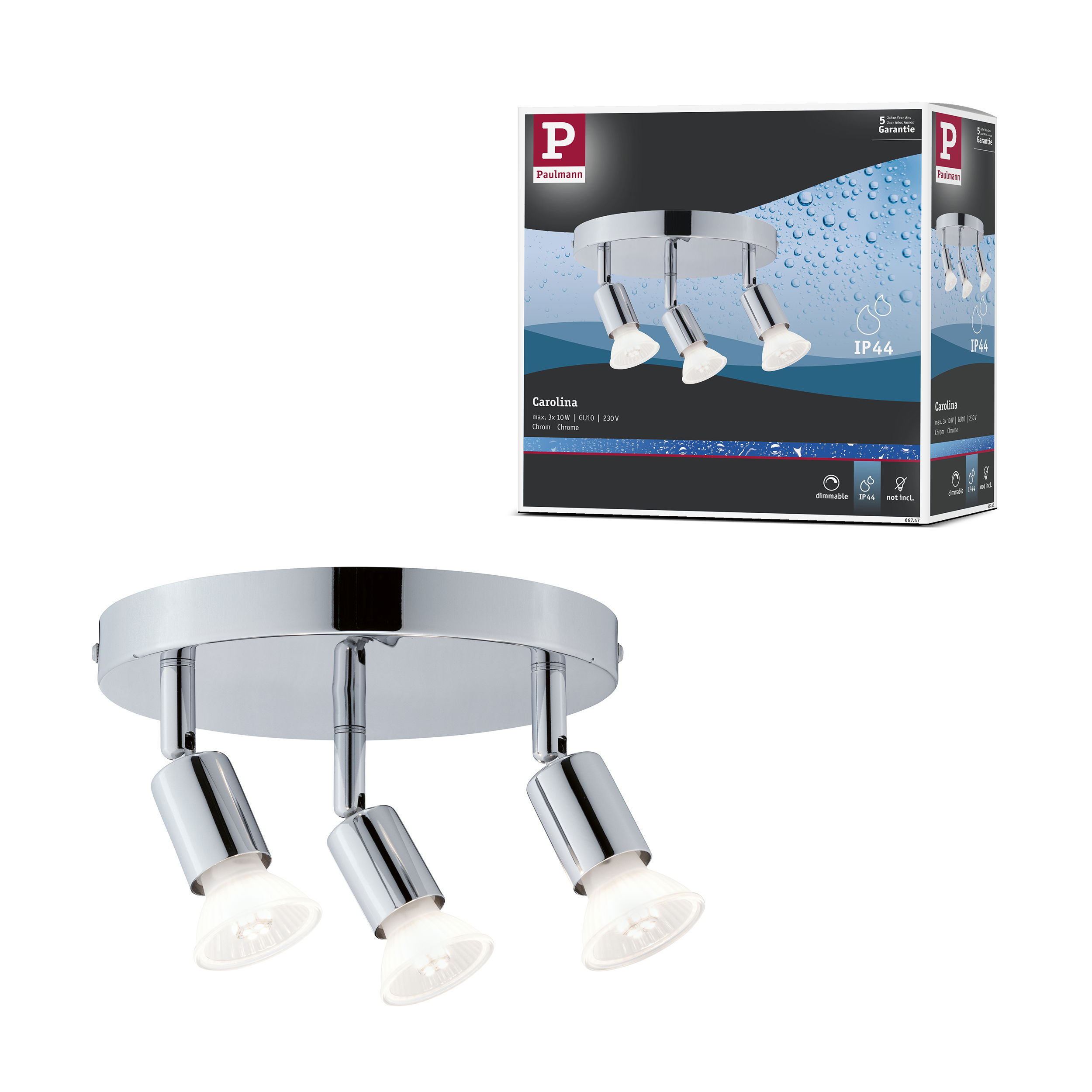 Błyszczący reflektor sufitowy z trzema regulowanymi głowicami i żarówkami.