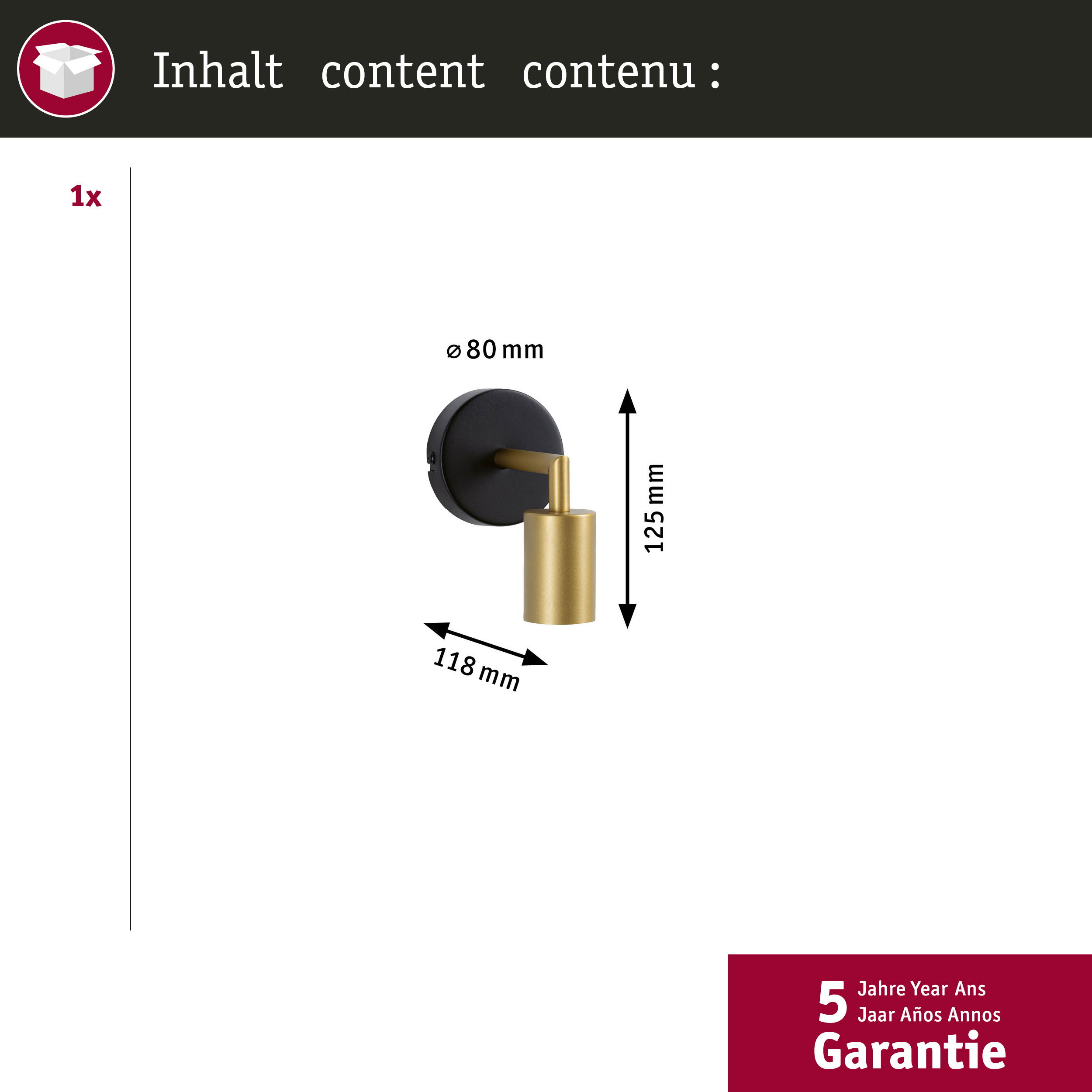 Czarna lampa ścienna ze złotym mosiężnym akcentem, Ø80mm, H125mm.
