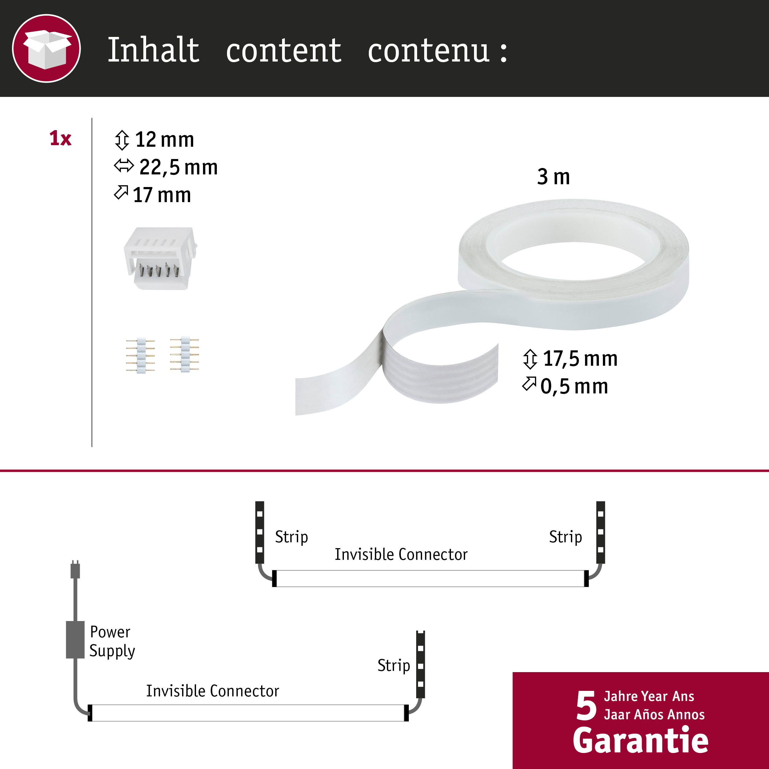 Packungsinhalt: 3m Klebeband, Verbinder, Netzteil.