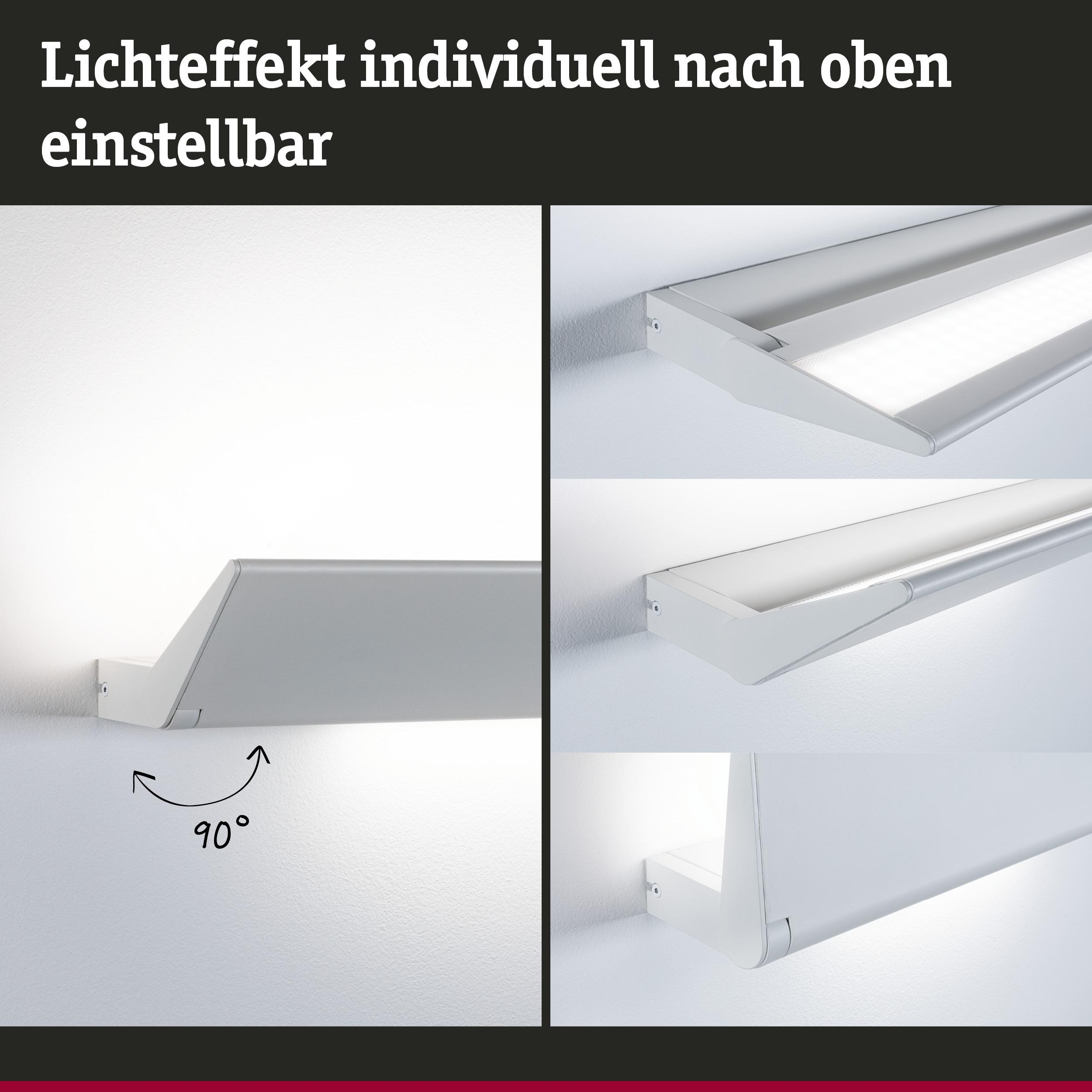 Ein weißer LED-Deckenfluter mit verstellbarem Winkel, montiert an einer weißen Wand.