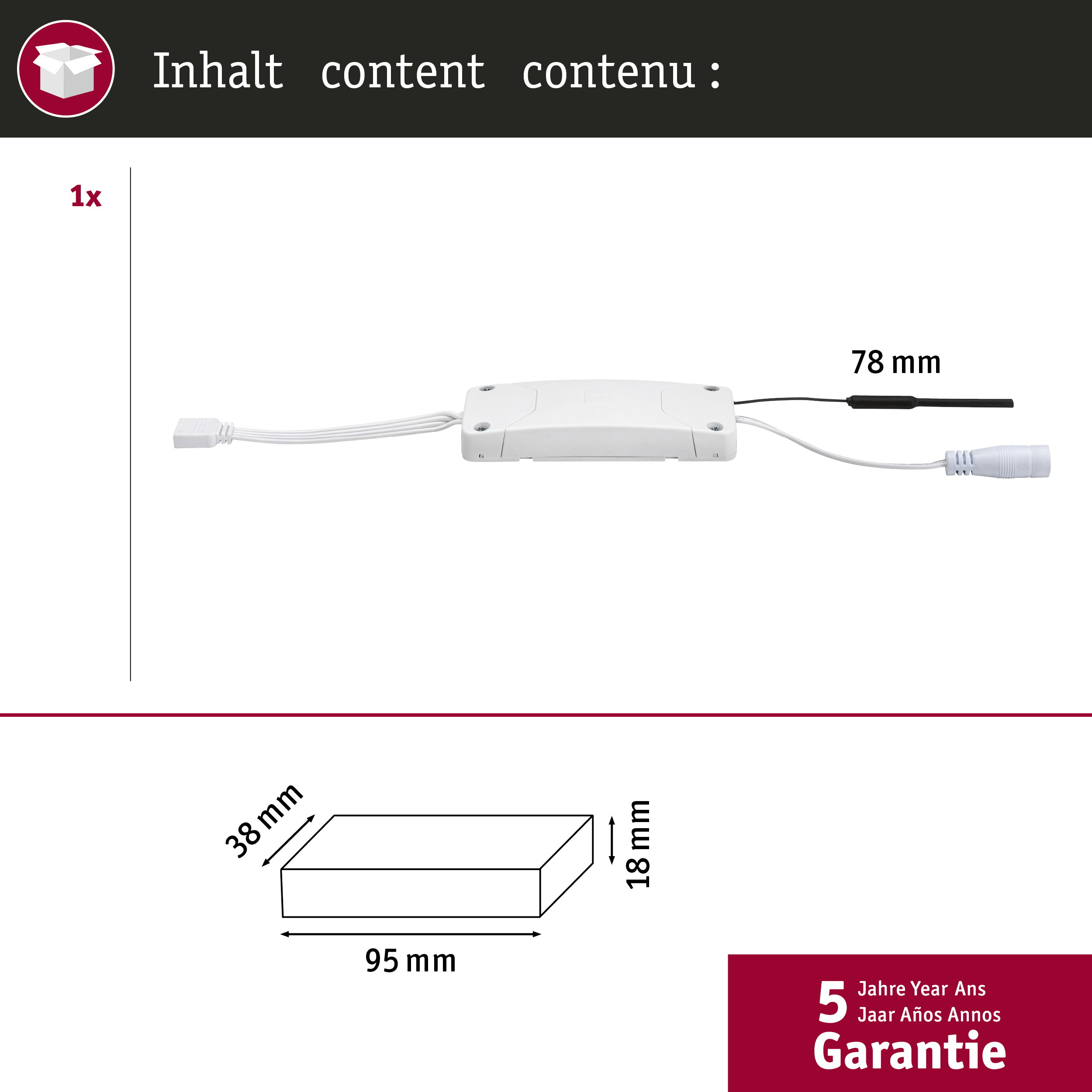 Biały kontroler LED z kablami i wymiarami 78 mm, 38 mm, 95 mm i 18 mm.