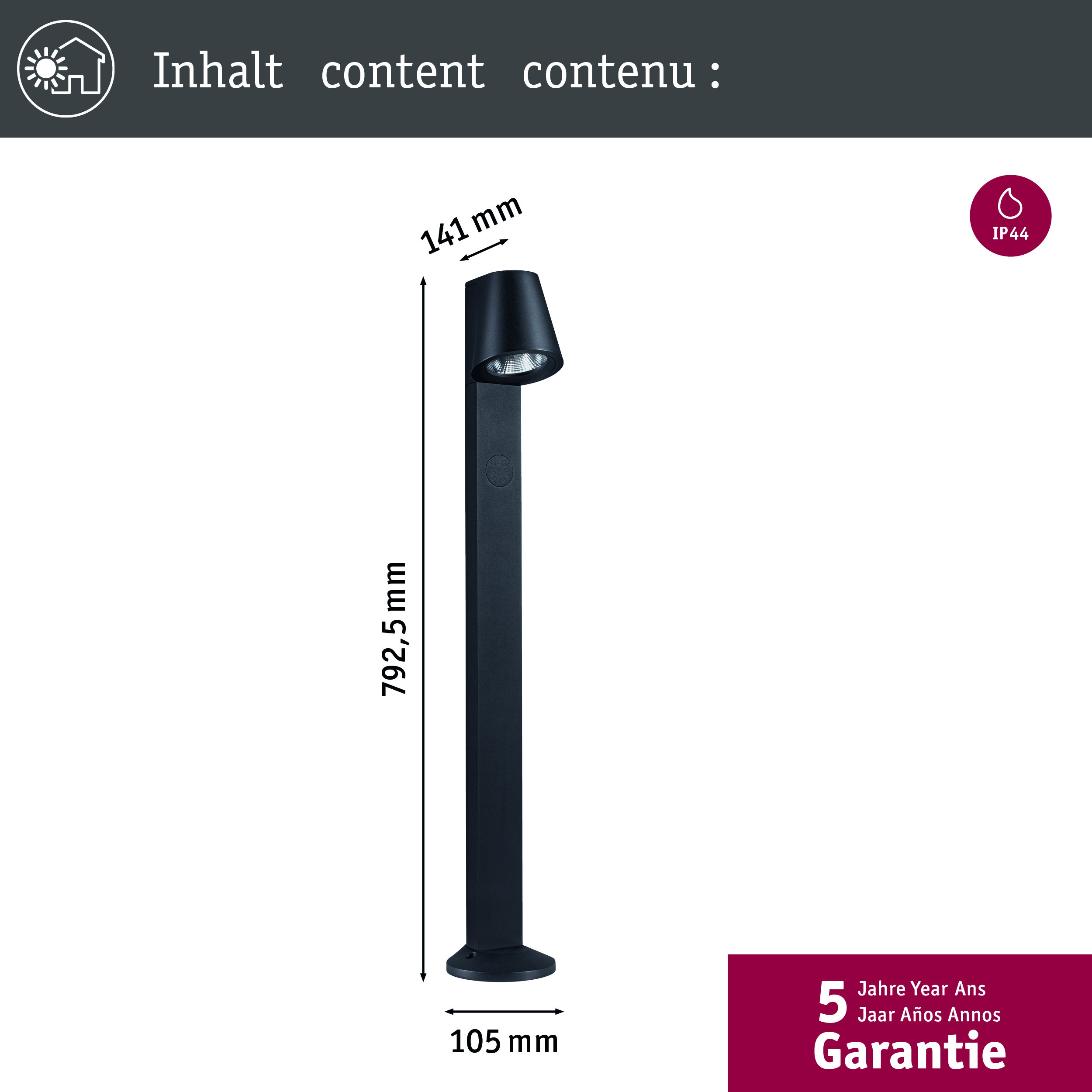 Czarny kinkiet zewnętrzny o szerokości 105 mm i wysokości 792,5 mm. IP44.