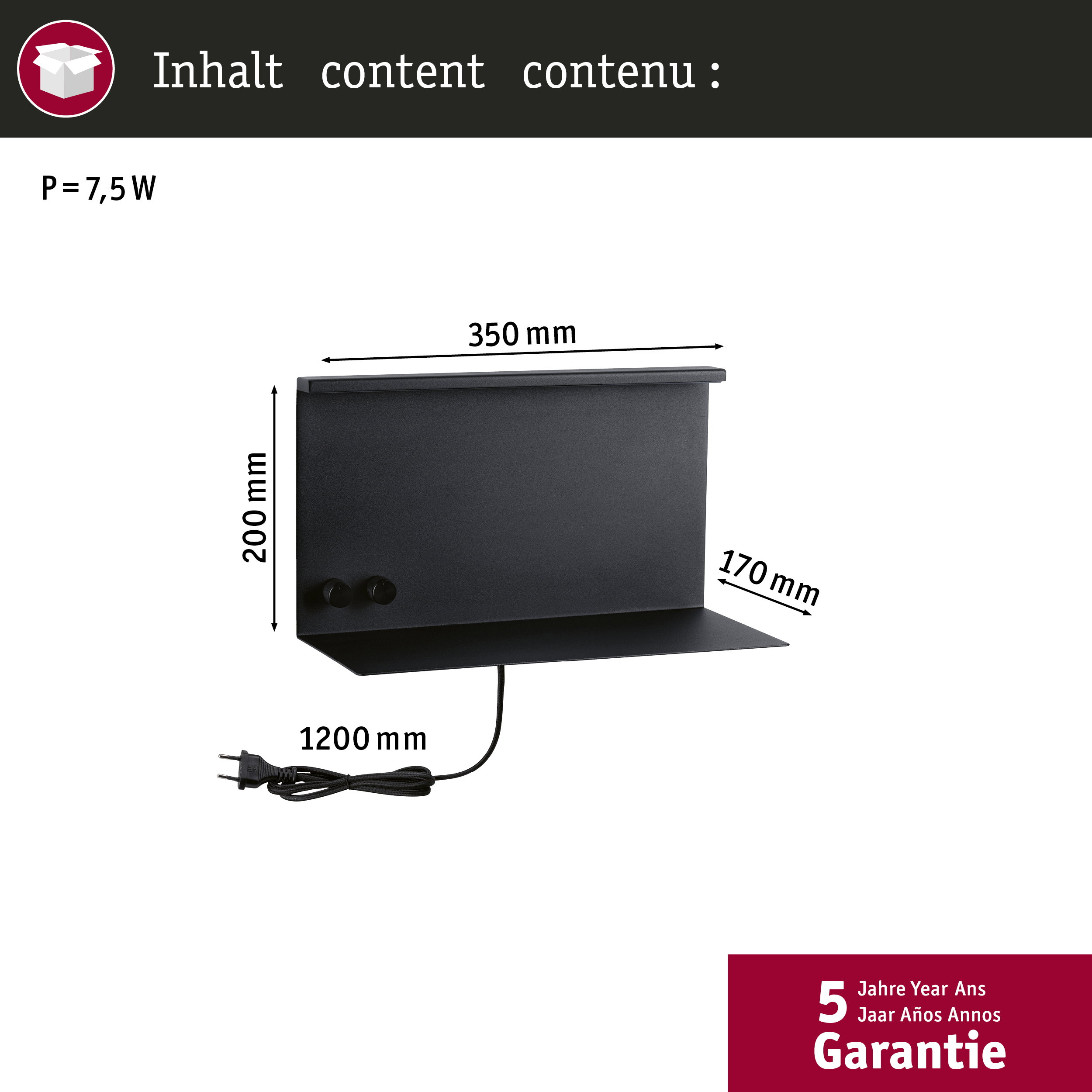 Czarna półka, wymiary 350x200x170mm, 7,5W, kabel 1,2m.