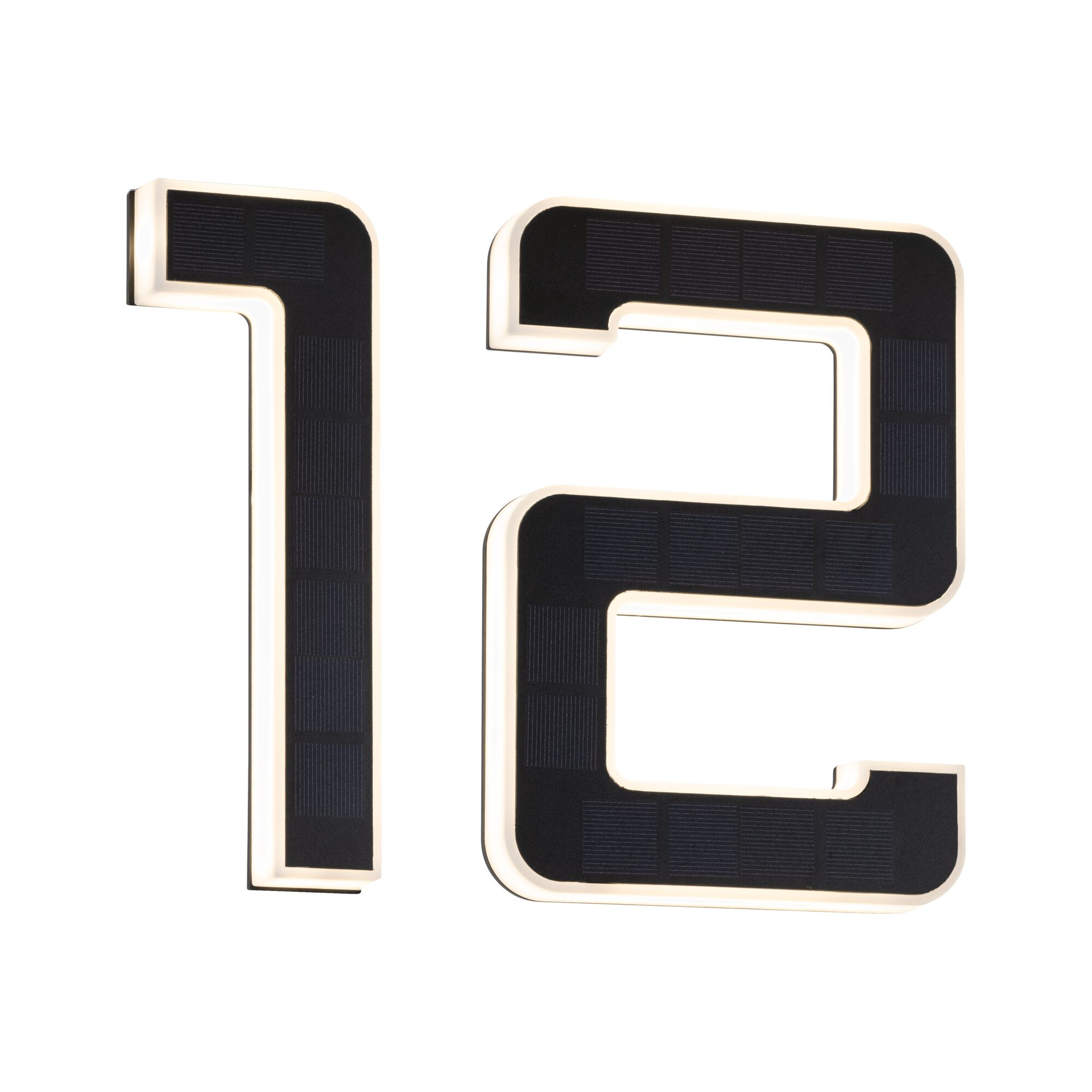 Dwie podświetlone cyfry 1 i 2 z panelami słonecznymi na białym tle.