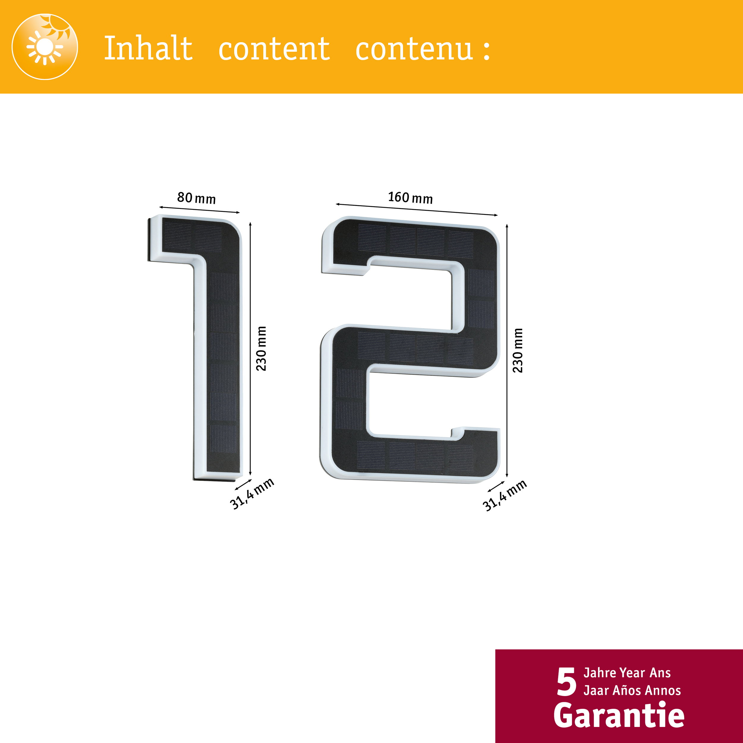 Cyfry 1 i 2 z ogniwami słonecznymi, wymiary: 80x230mm i 160x230mm.