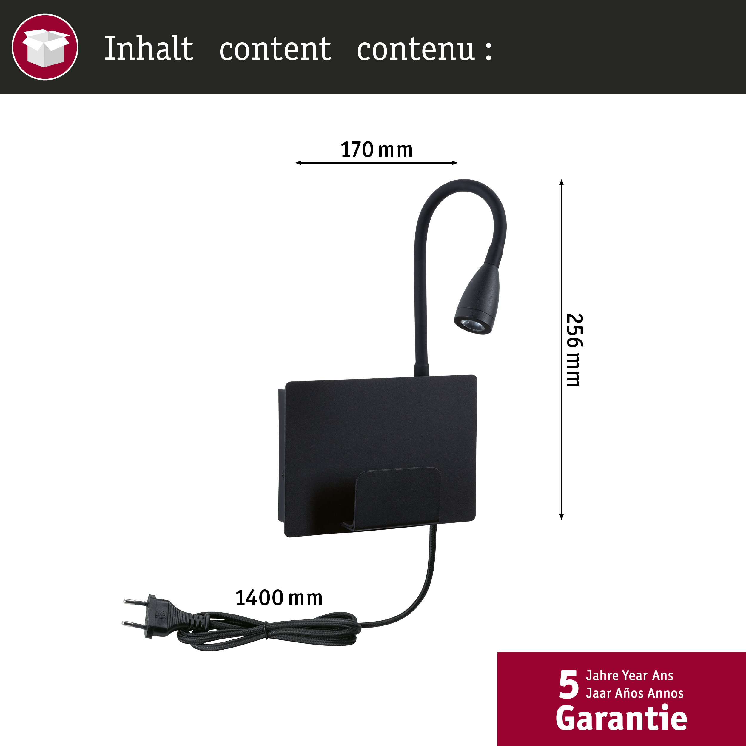 Czarna lampa z elastycznym ramieniem, wymiary 170x256mm, kabel 1400mm, 5 lat gwarancji.