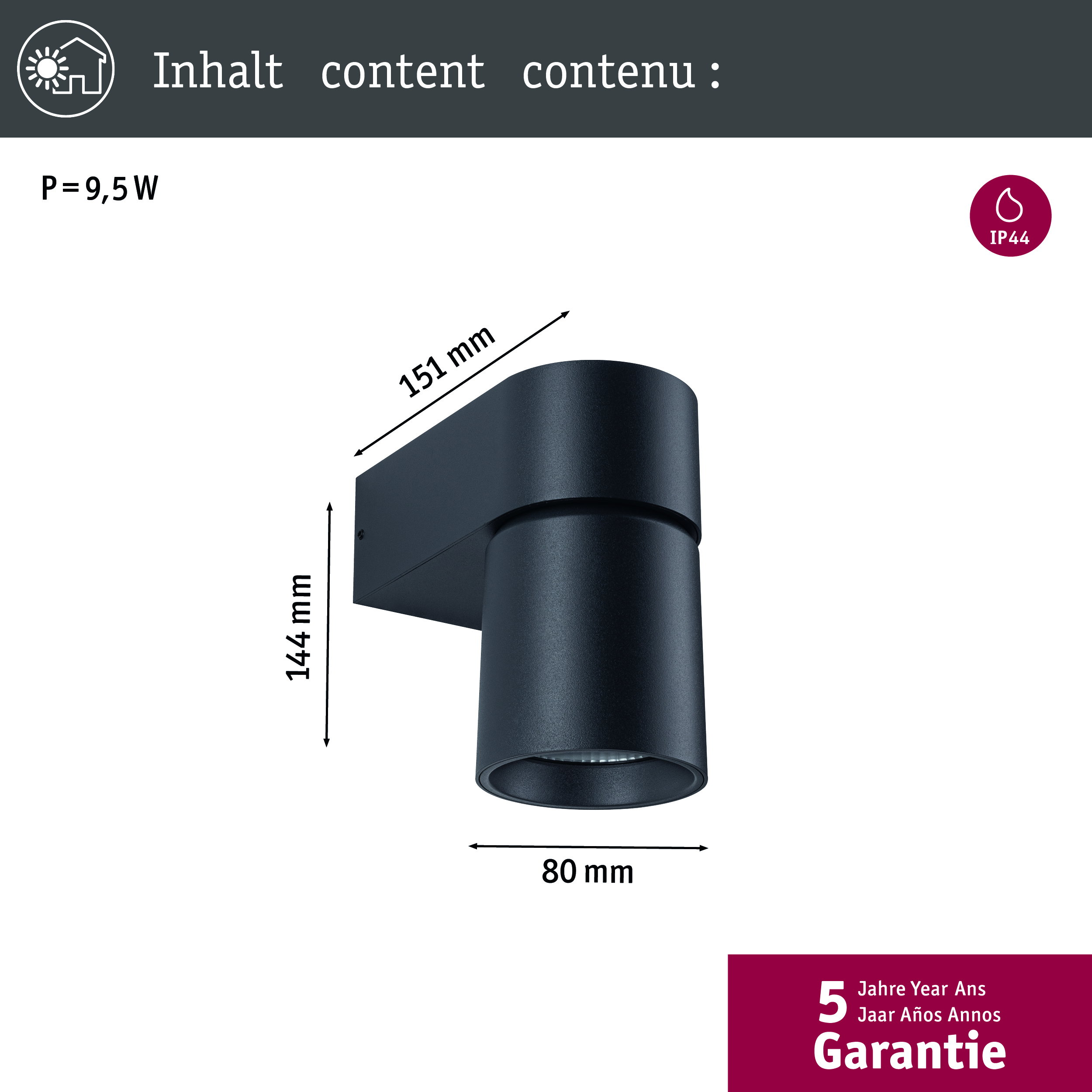 Czarna lampa ścienna o wymiarach 151x144x80 mm, 9,5W, IP44.