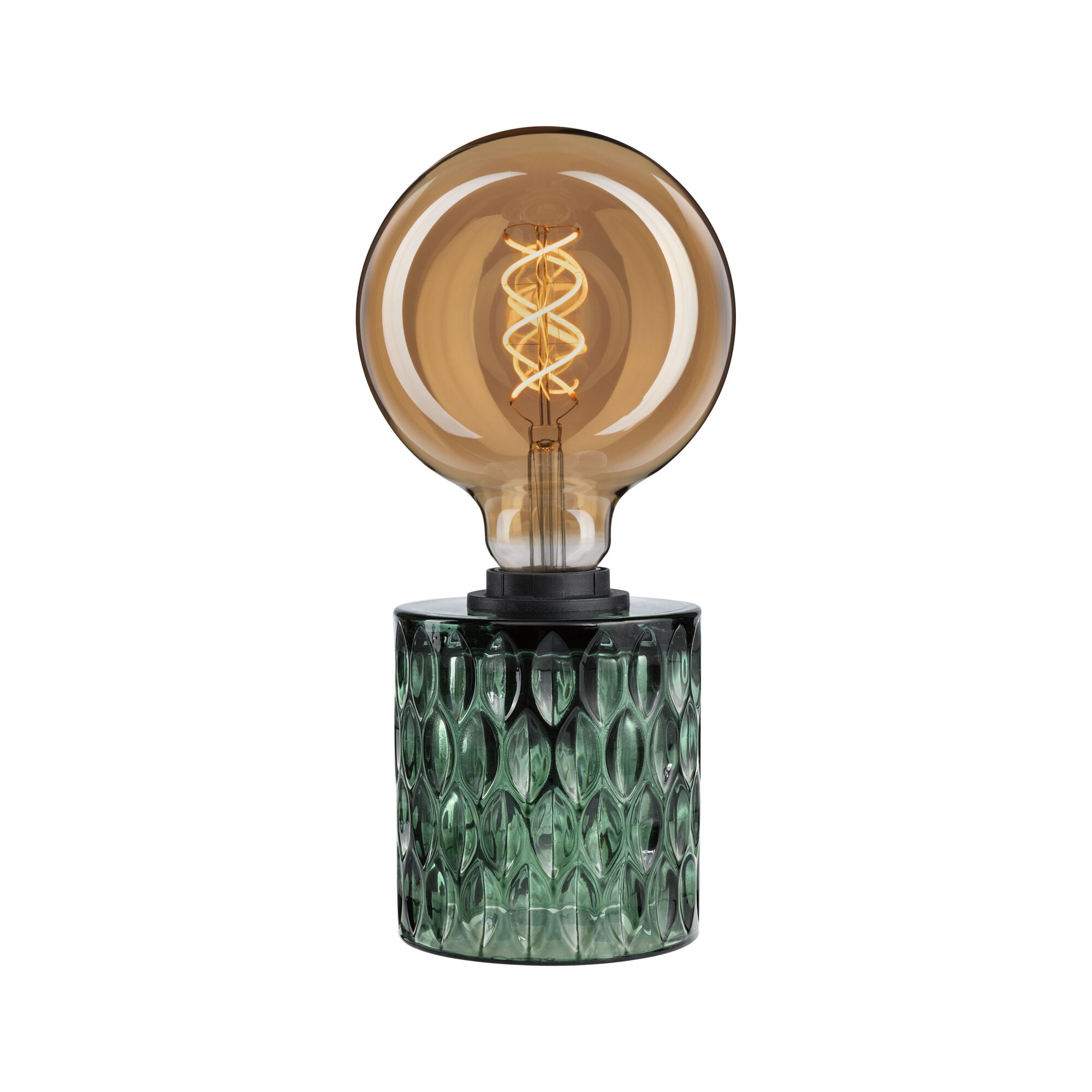 Zielona szklana lampa z bursztynową żarówką i spiralnym żarnikiem.