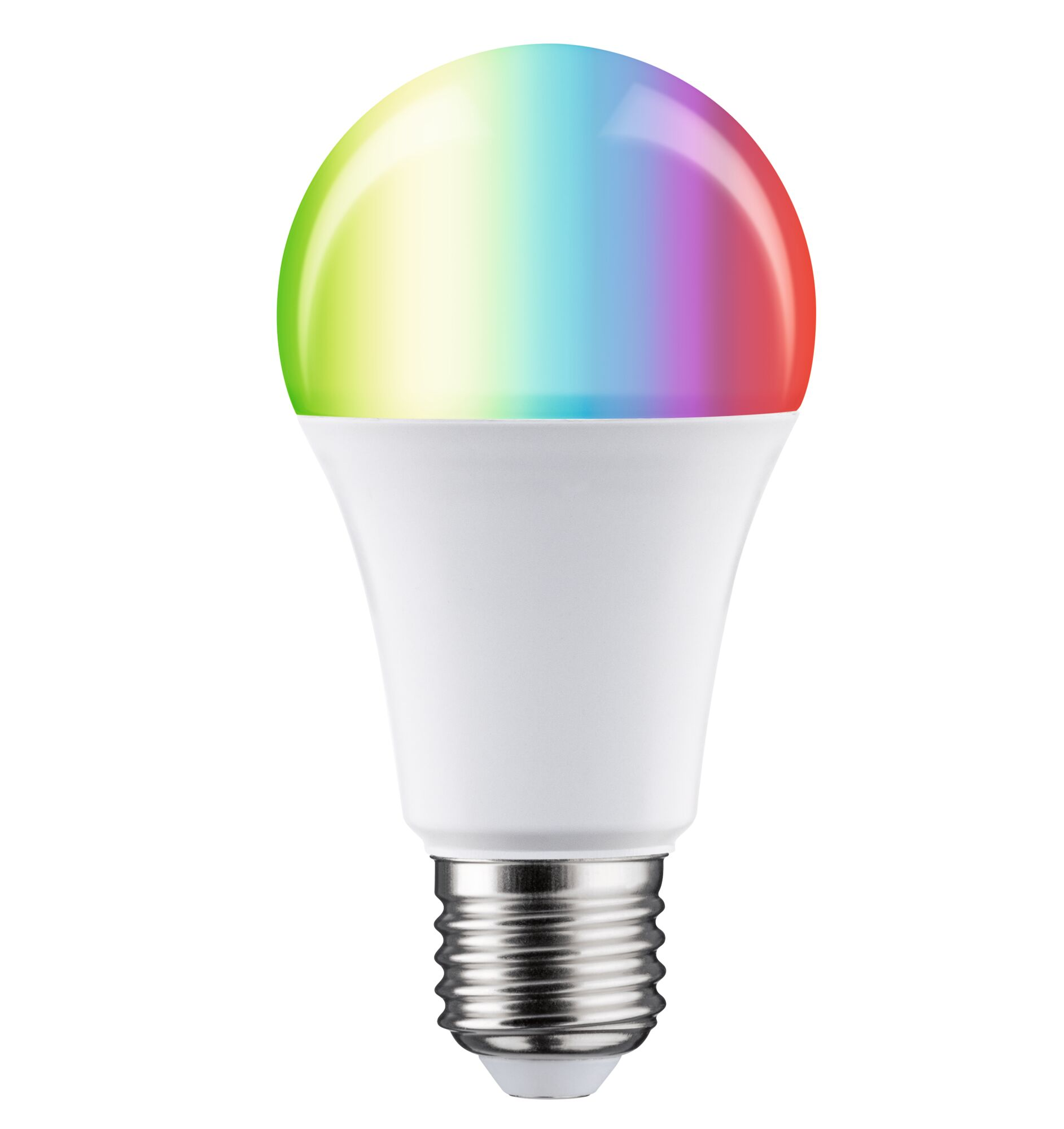 Eine smarte Glühbirne mit Regenbogenfarben auf weißem Hintergrund.