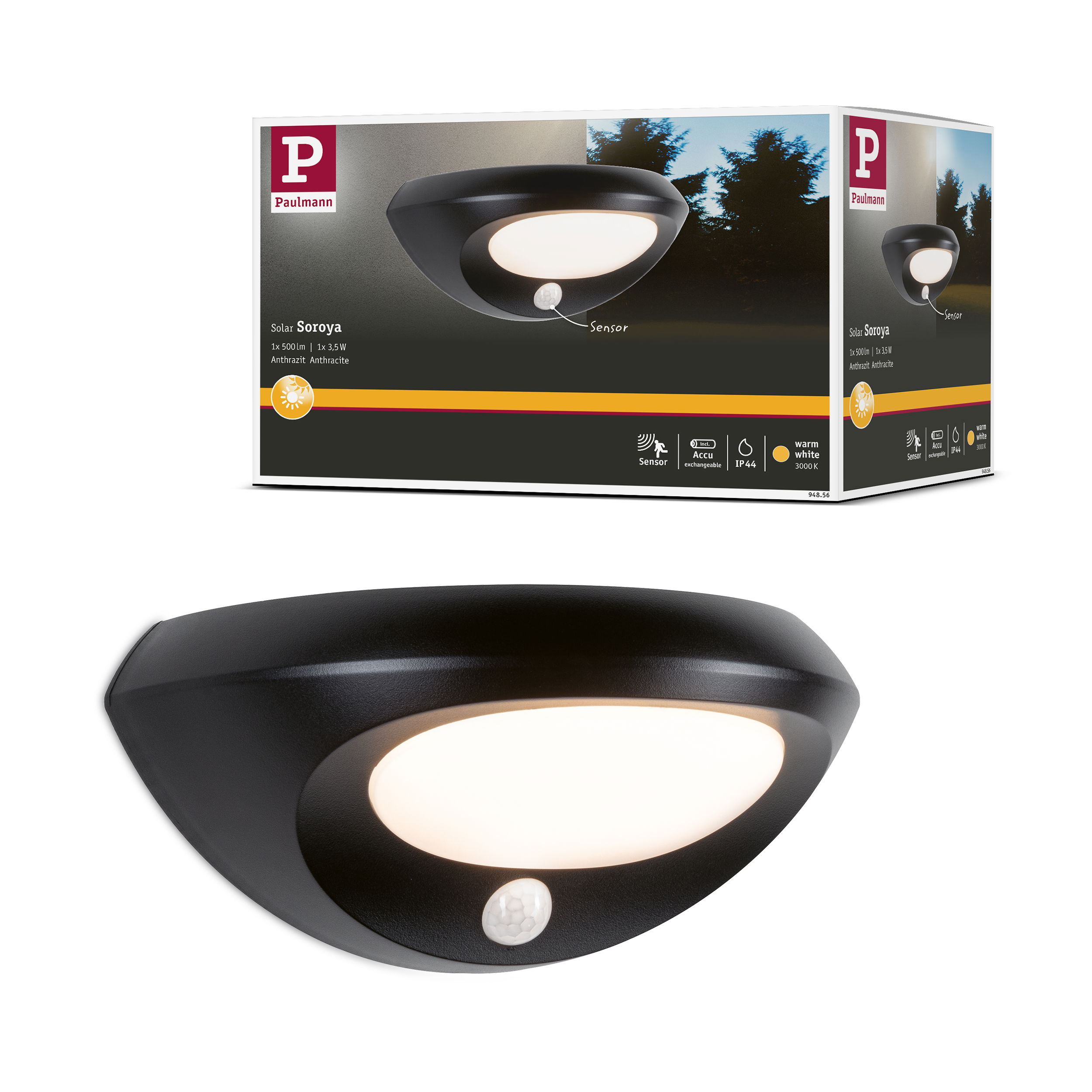 Czarna lampa ścienna z czujnikiem ruchu i ciepłym białym światłem.