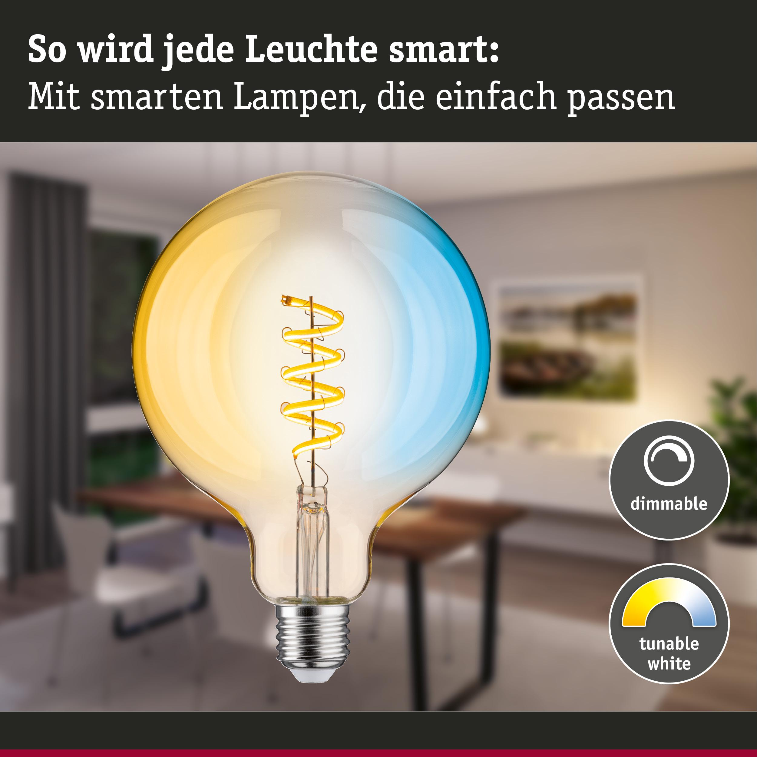 Eine smarte Glühbirne mit warmem und kühlem Licht, dimmbar.