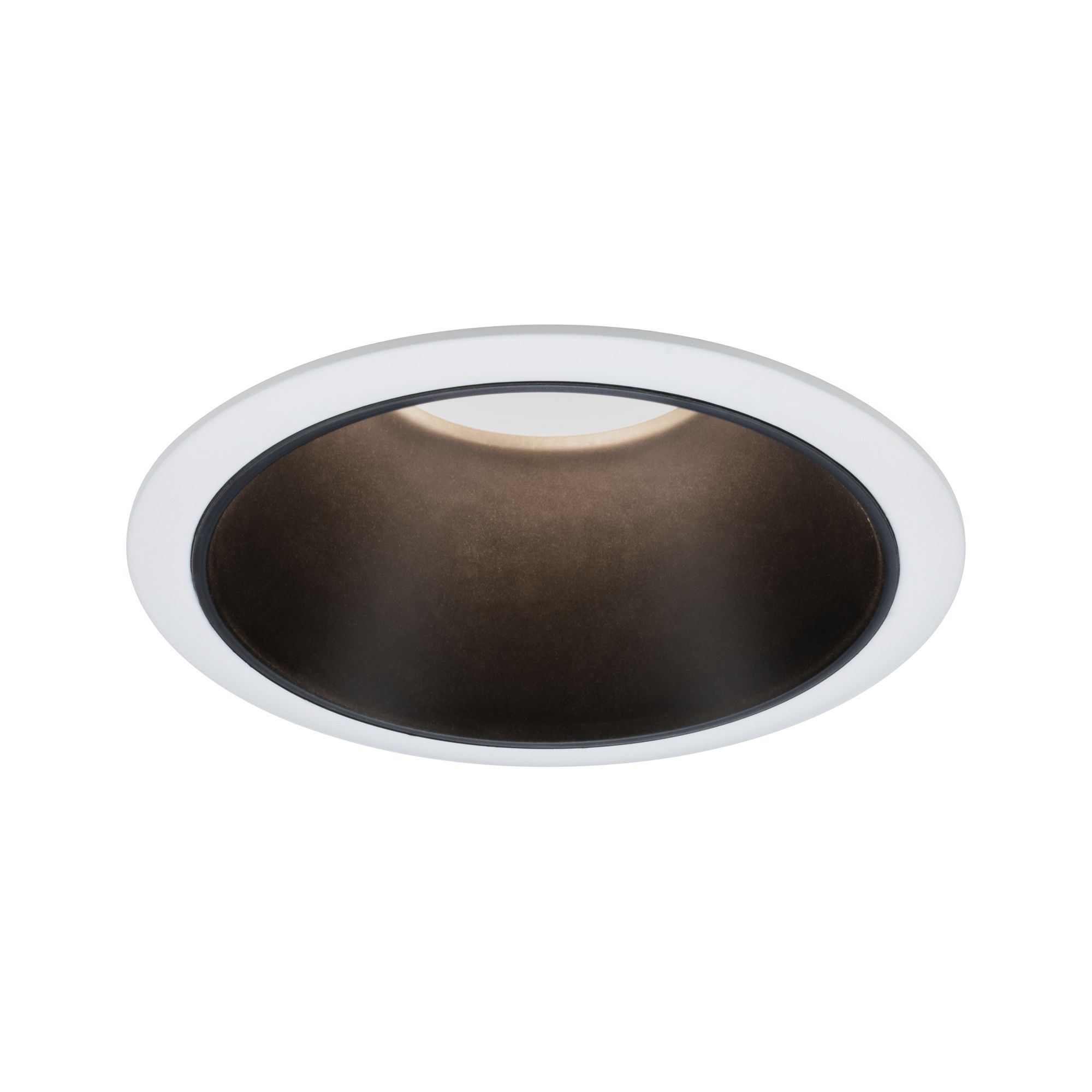 Lampada da incasso con cornice bianca e interno riflettore scuro.