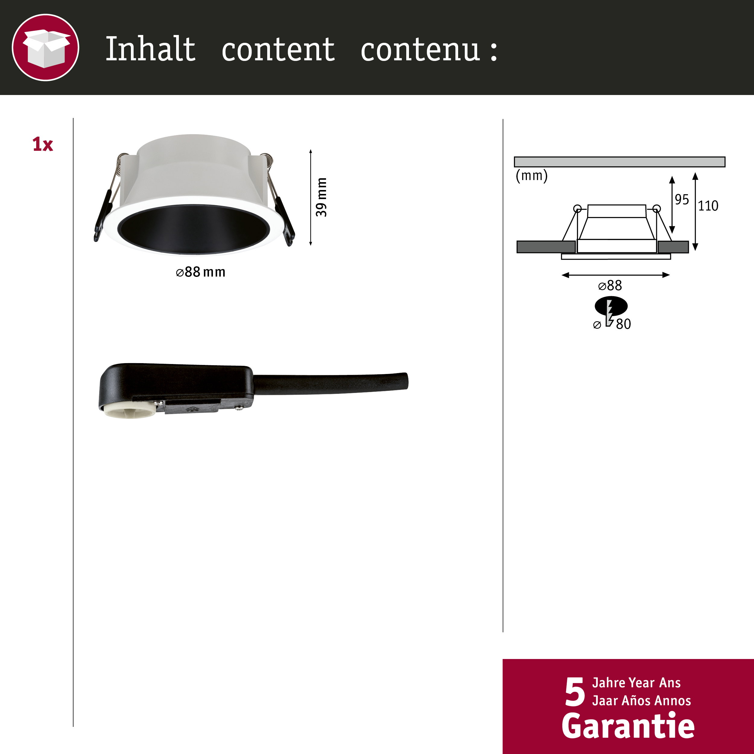 Luce da incasso con dimensioni e informazioni sulla garanzia.