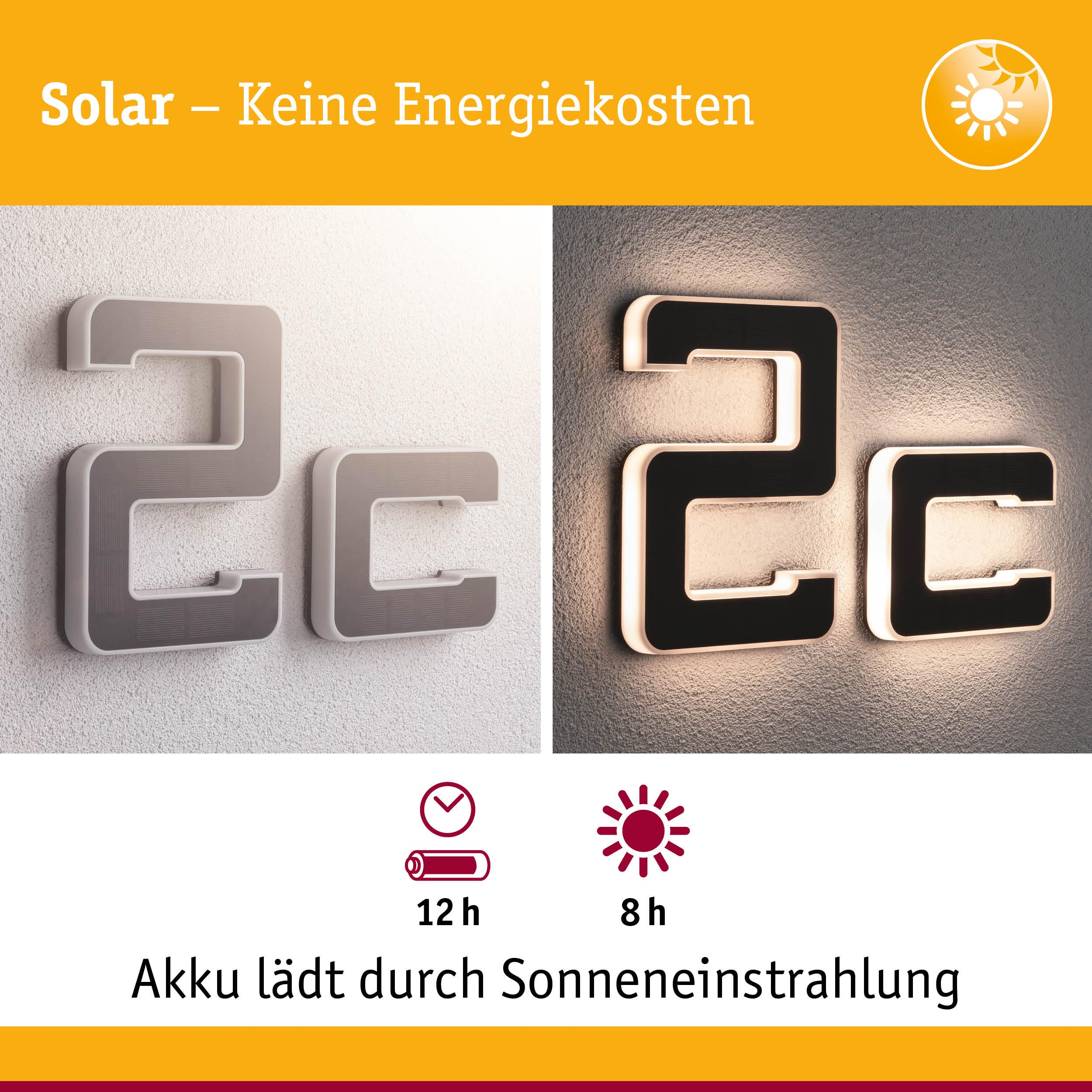 Zwei beleuchtete Buchstaben auf einer Wand.