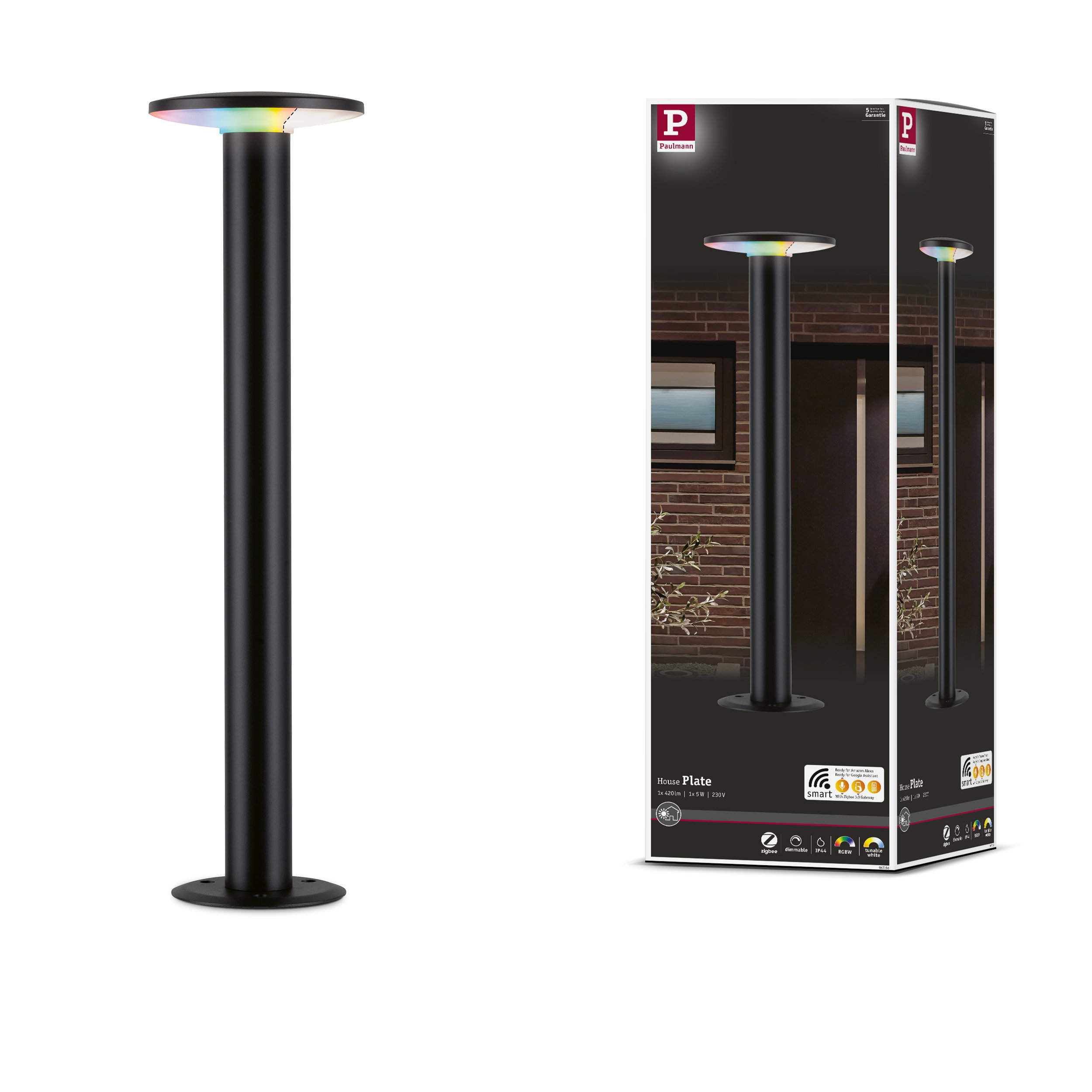 Czarna lampa zewnętrzna z oświetleniem RGBW i logo Paulmann na opakowaniu.