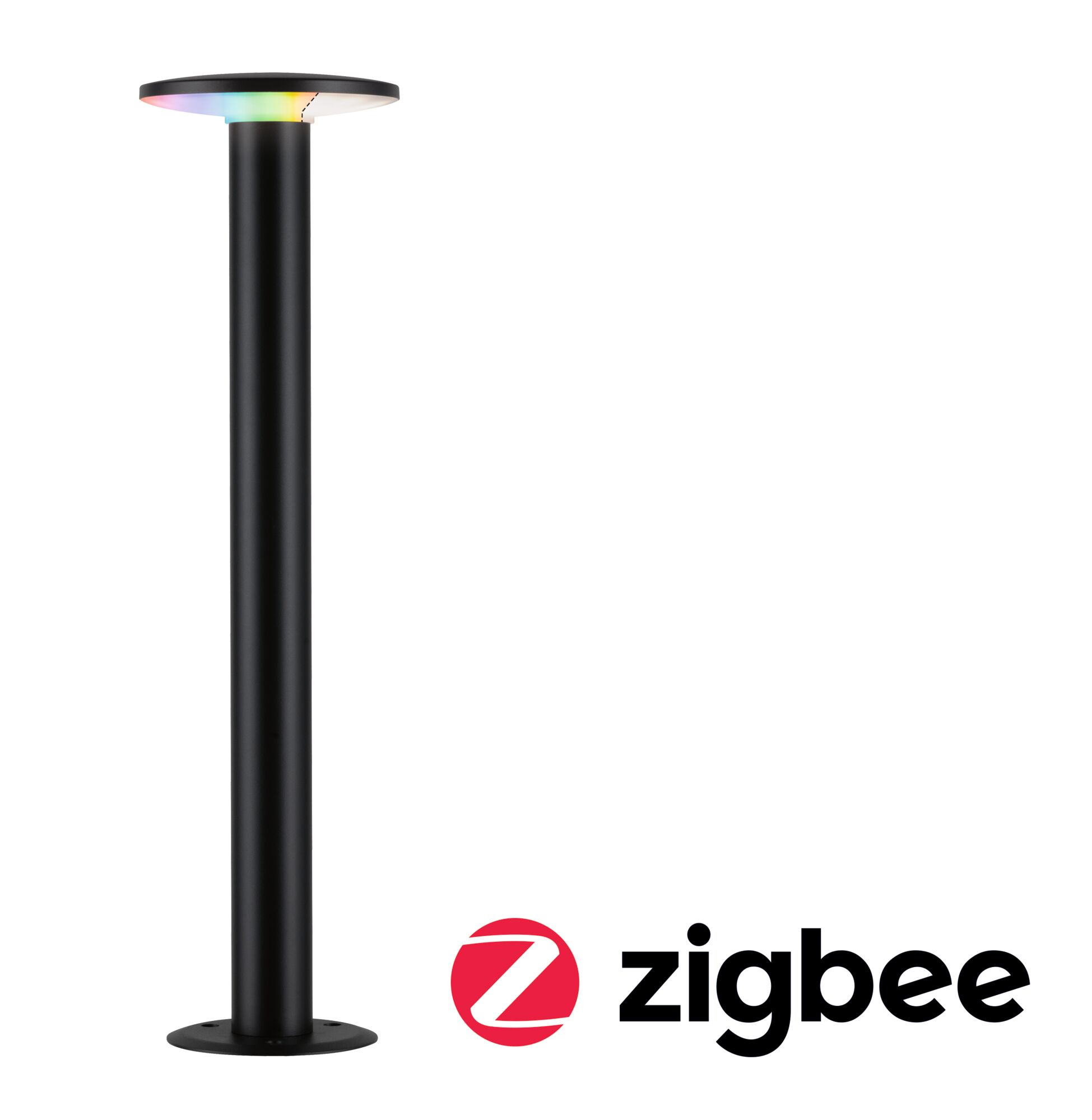 Czarna lampa ogrodowa z kolorowym światłem u góry. Obok logo Zigbee.