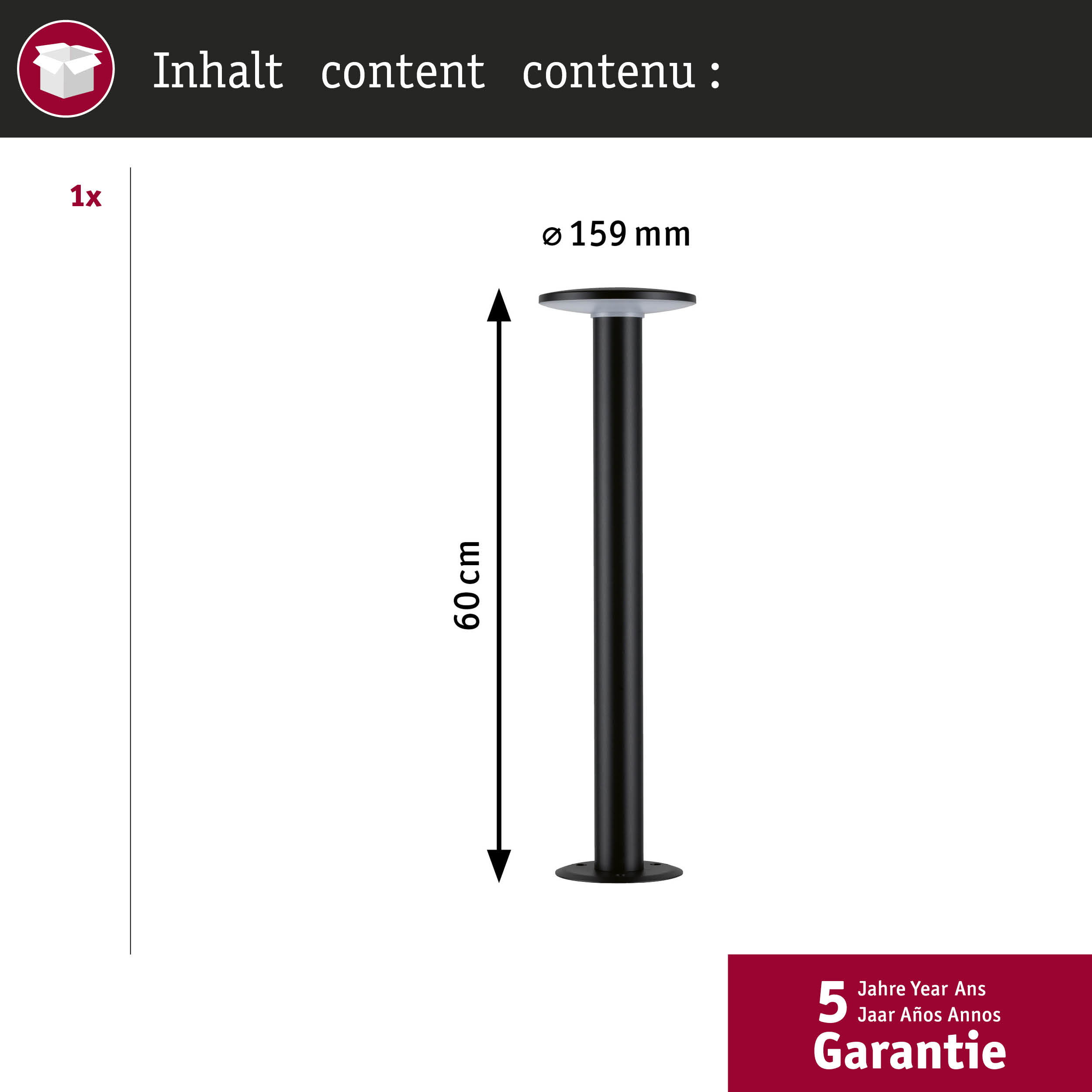 Czarny słup 60cm wysokości o średnicy 159mm ze światłem.