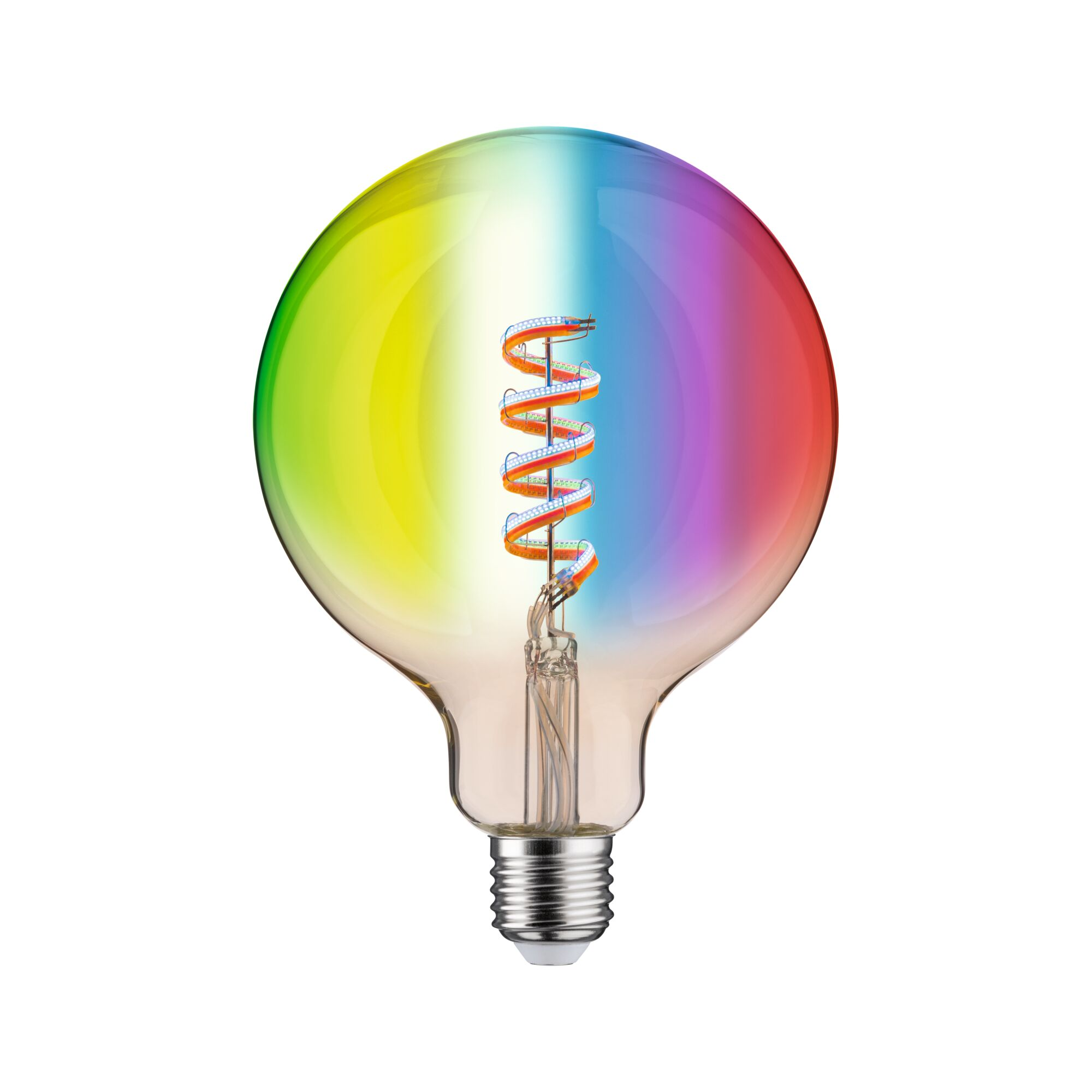 Eine Glühbirne mit Regenbogenfarben und einer spiralförmigen Glühwendel im Inneren.