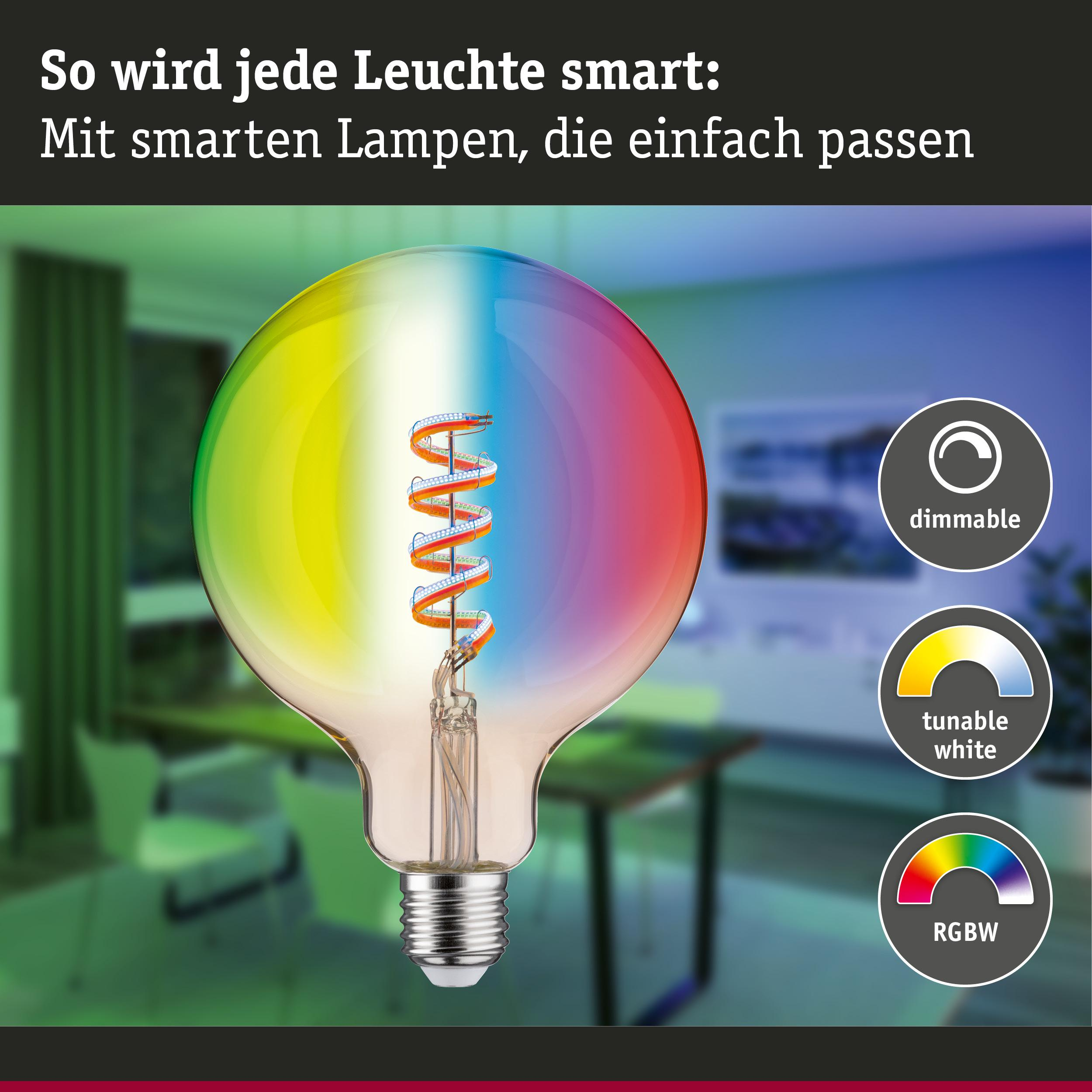 Smarte Glühbirne mit RGBW, dimmbar und tunable white, leuchtet in Regenbogenfarben.