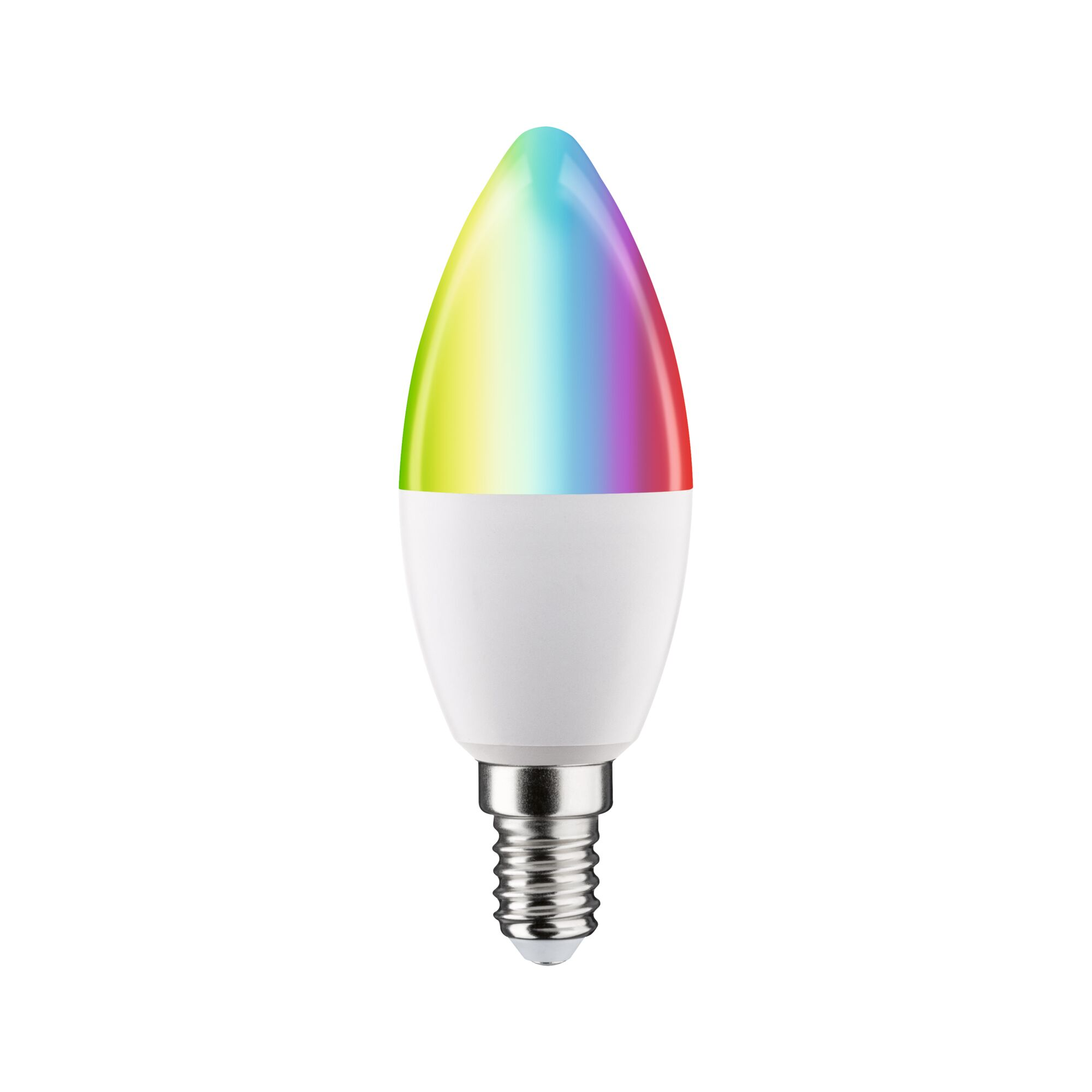 Eine Kerzenbirne leuchtet in Regenbogenfarben mit weißem Sockel und Metallsockel.