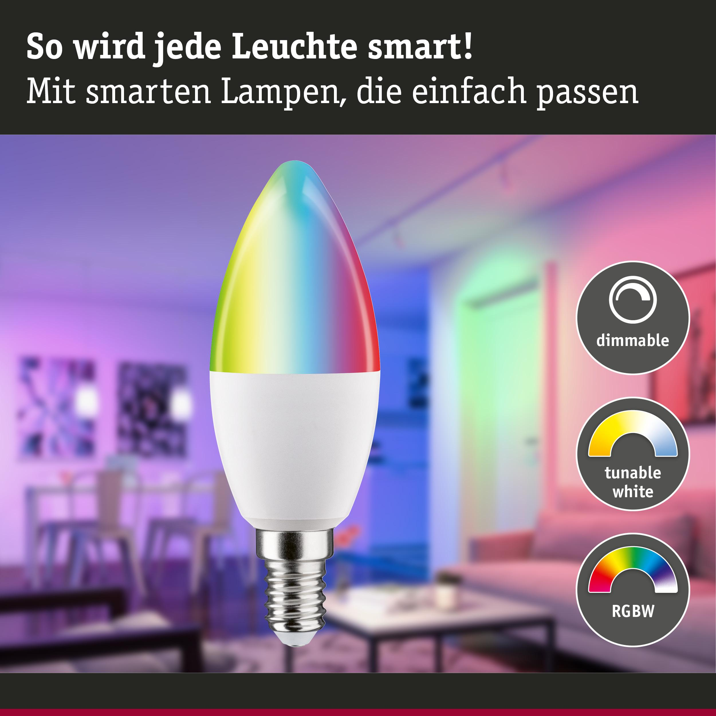 Eine smarte Glühbirne mit Regenbogenfarben und Symbolen für dimmbar, weiß und RGBW.