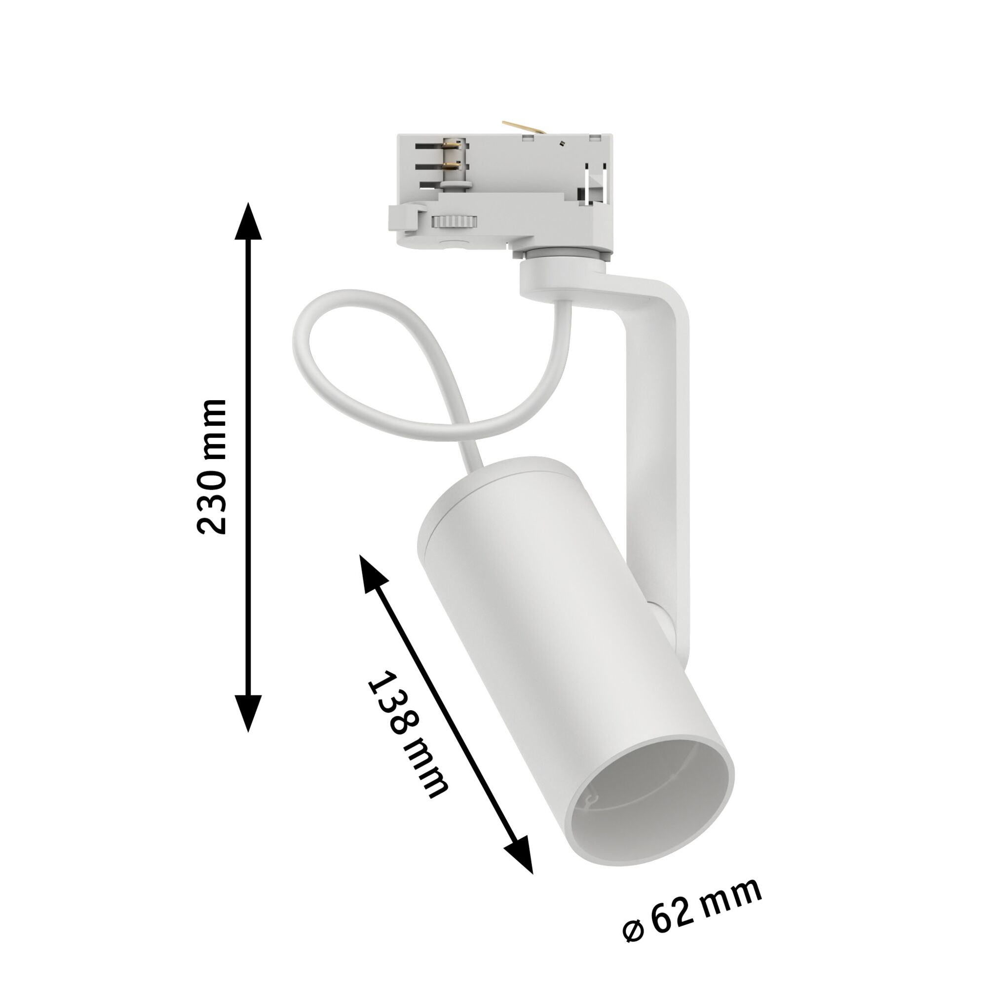 Weiße Schienenleuchte mit Maßen: H 230 mm, L 138 mm, Ø 62 mm.