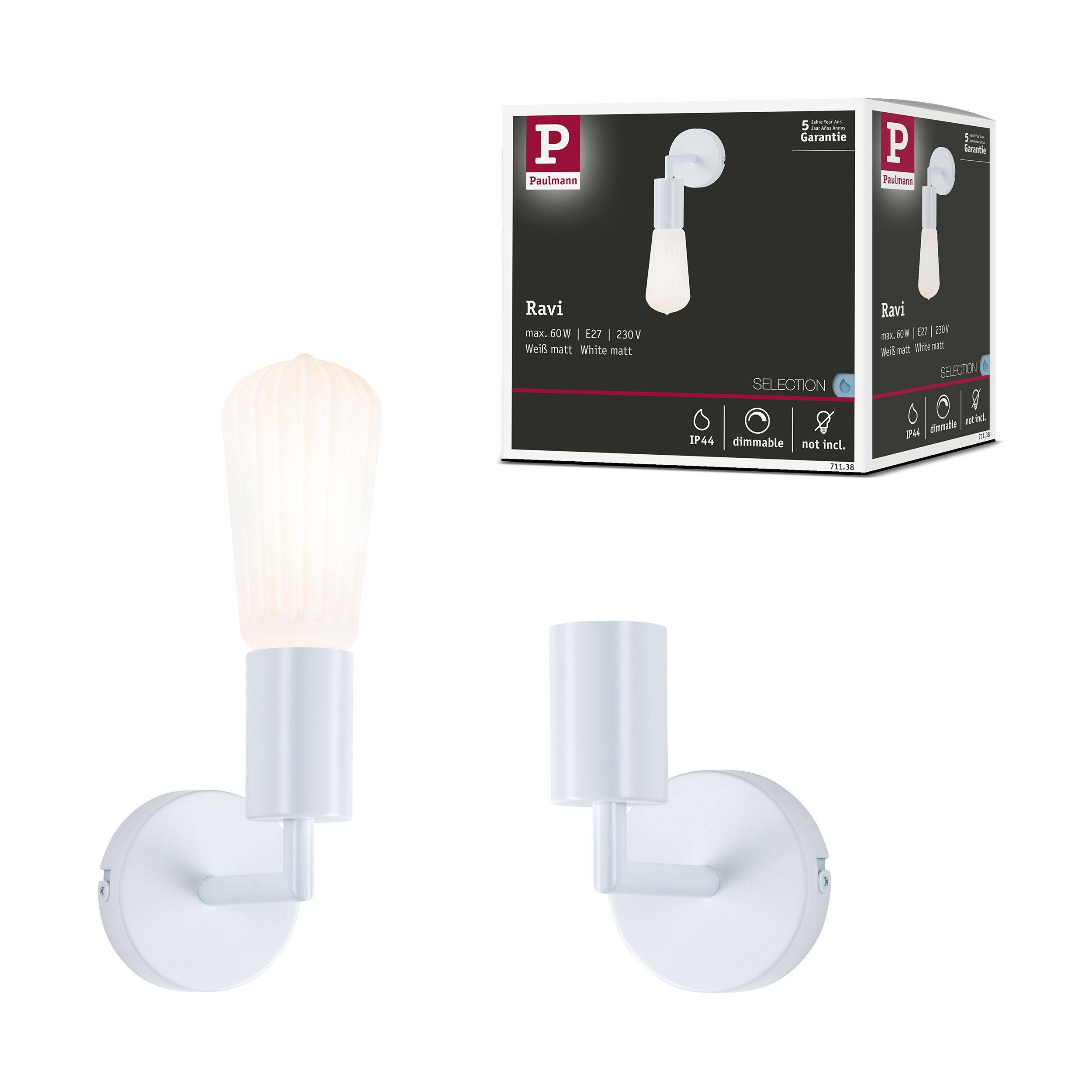 Dwa białe kinkiety z cylindryczną podstawą i prążkowanym kloszem.