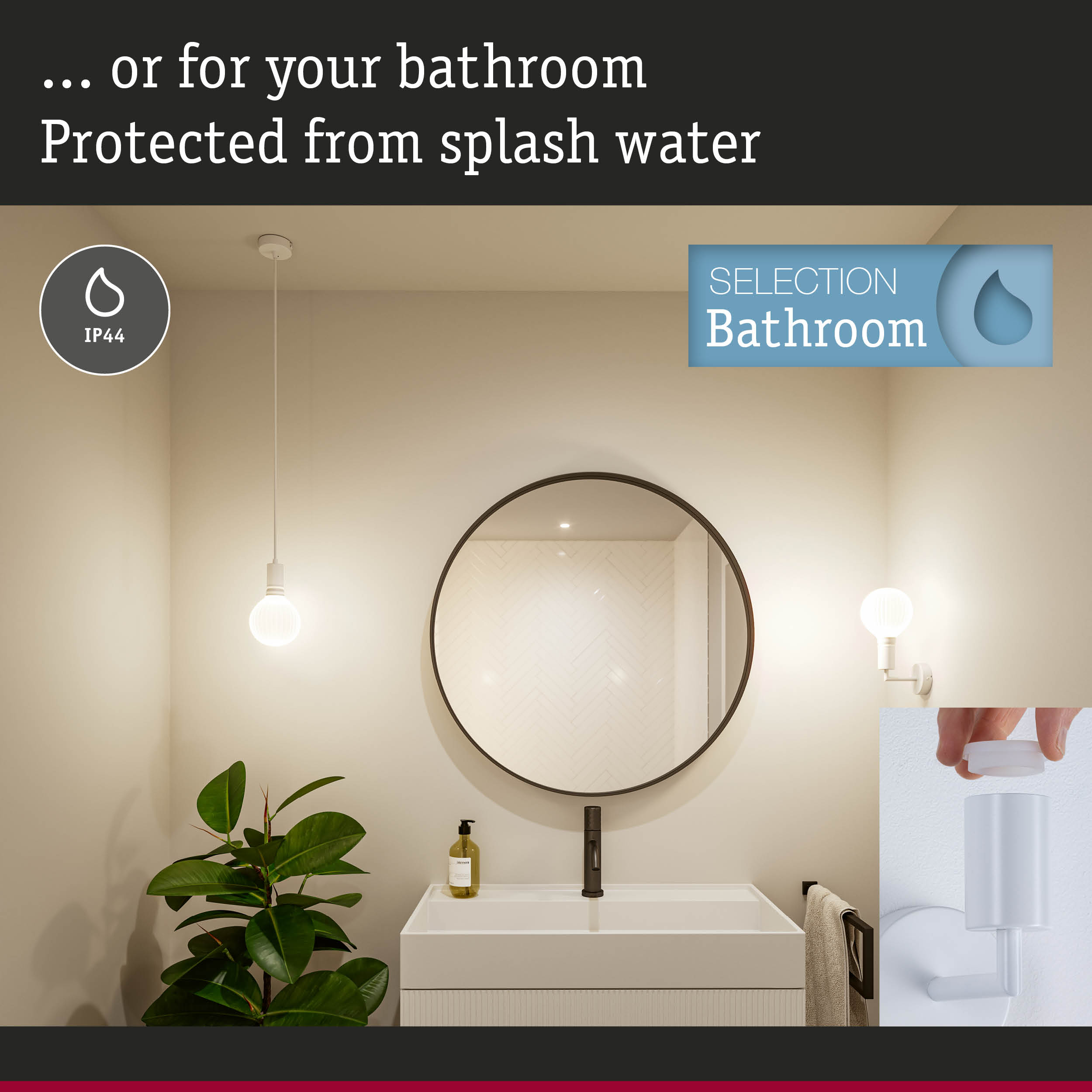 Umywalka łazienkowa z lustrem, lampą i rośliną. Symbol IP44.