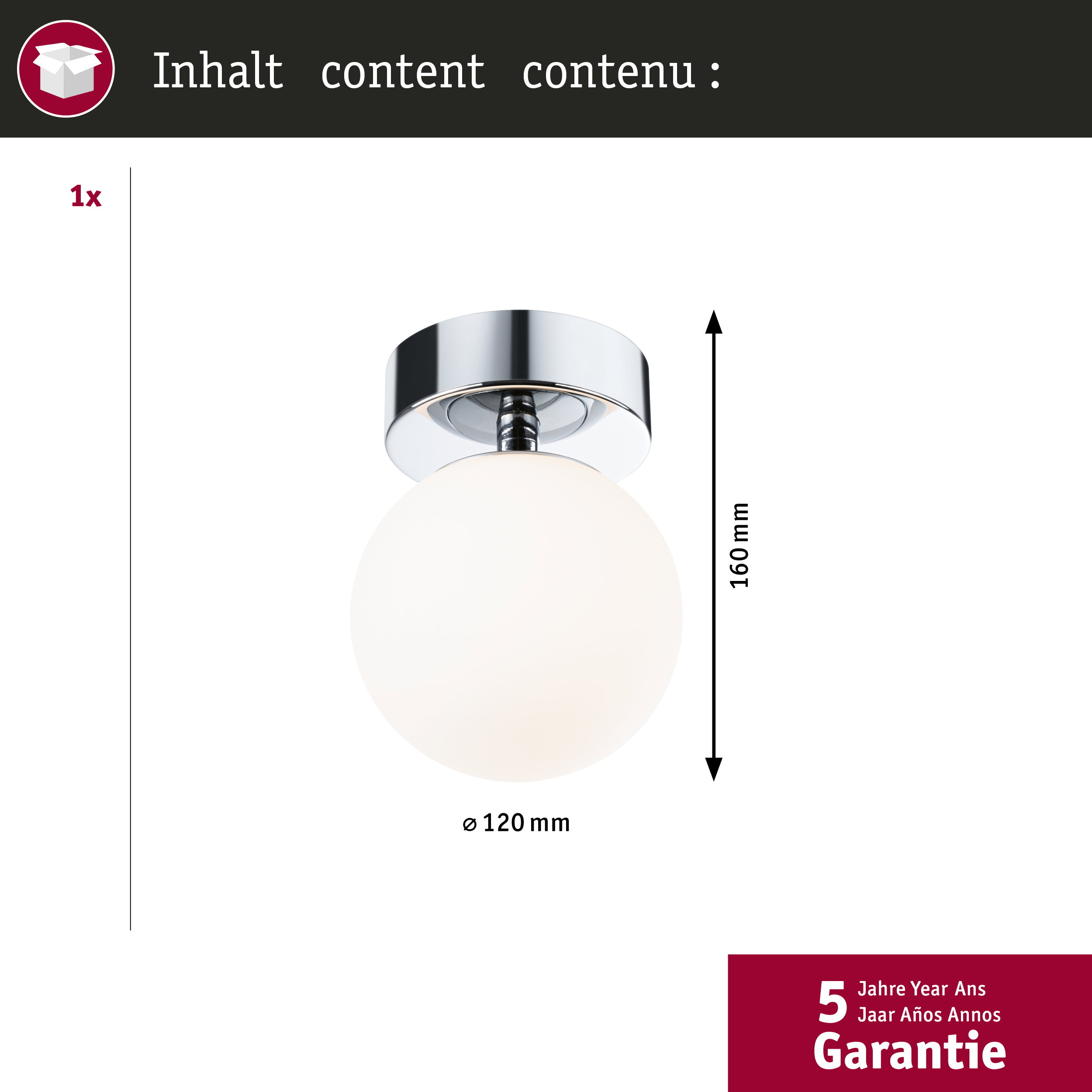 Biała lampa kulista z chromowaną podstawą, średnica 120mm, wysokość 160mm.