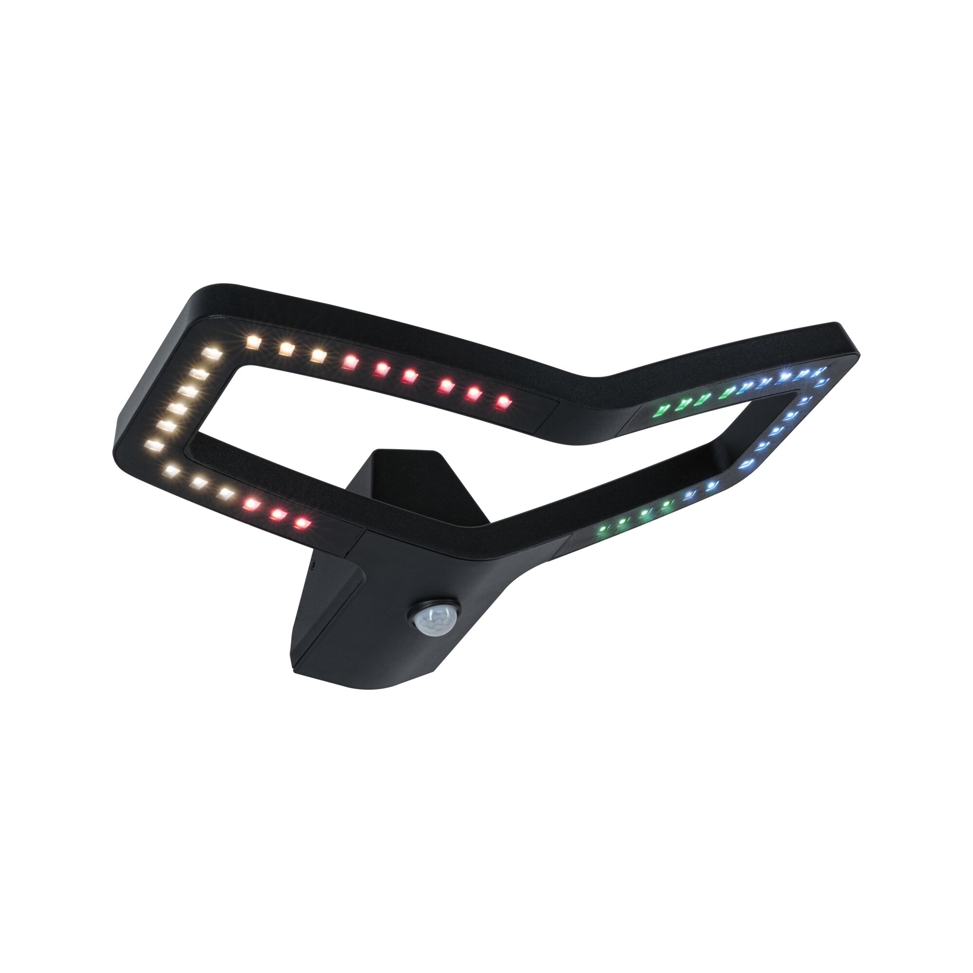 Czarna ramka lampy z czujnikiem, białymi, czerwonymi i zielonymi diodami LED i czujnikiem ruchu.