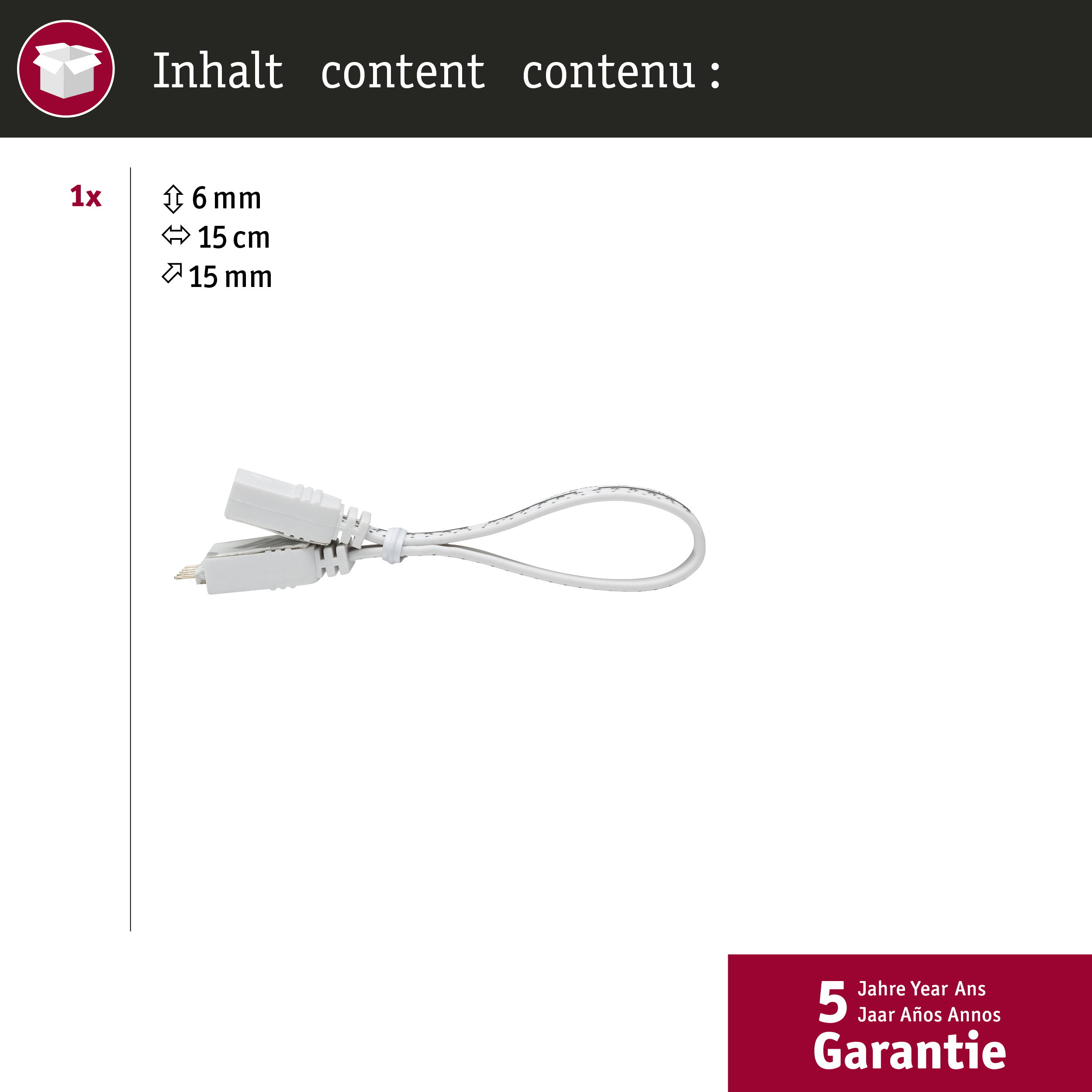 Biały kabel z dwoma złączami, szerokość 6mm, długość 15cm.