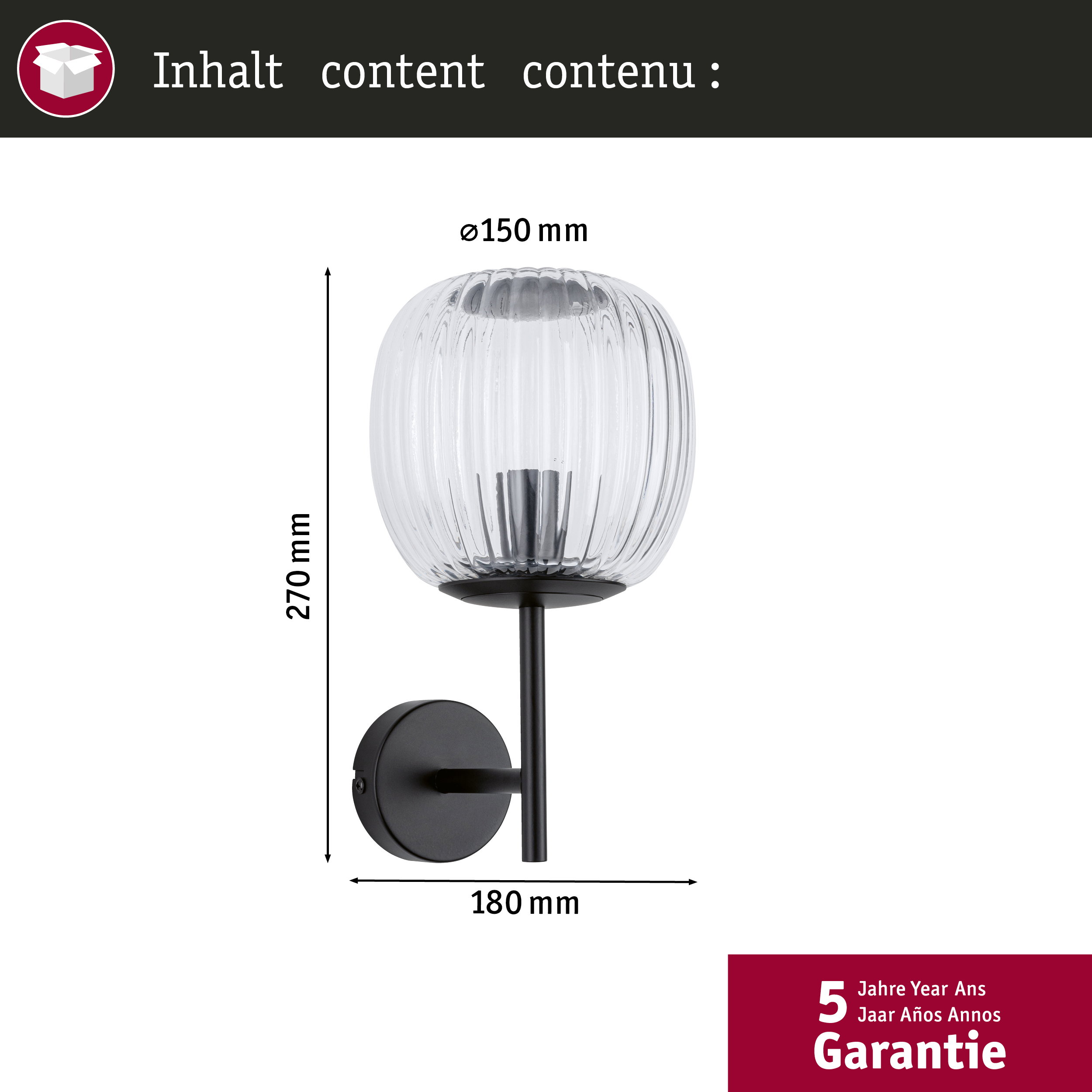 Eine Wandleuchte mit einem gerippten Glasdiffusor und schwarzen Metallteilen.