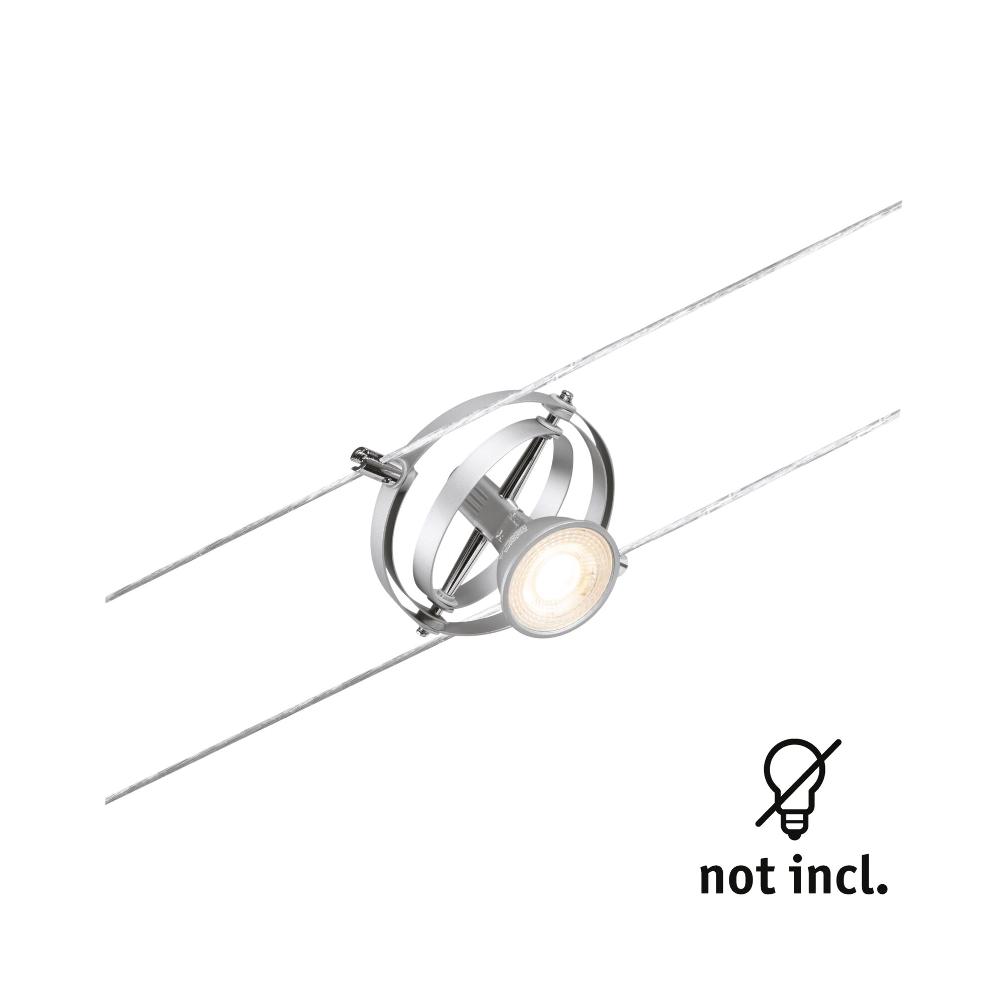 Faretti argentati con anelli rotanti su due cavi.