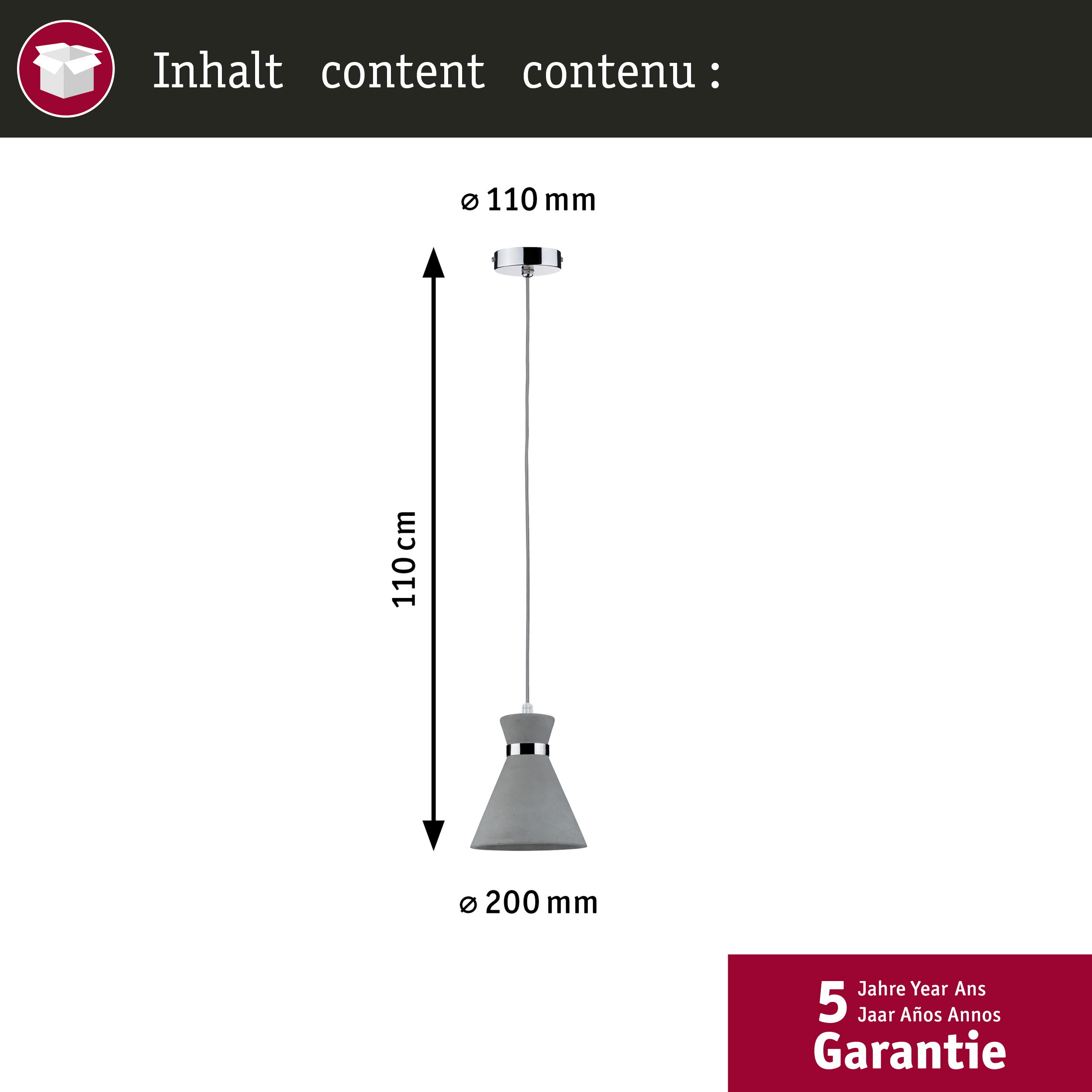 Graue Pendelleuchte mit Betonoptik, 110cm lang, Ø 200mm. 5 Jahre Garantie.