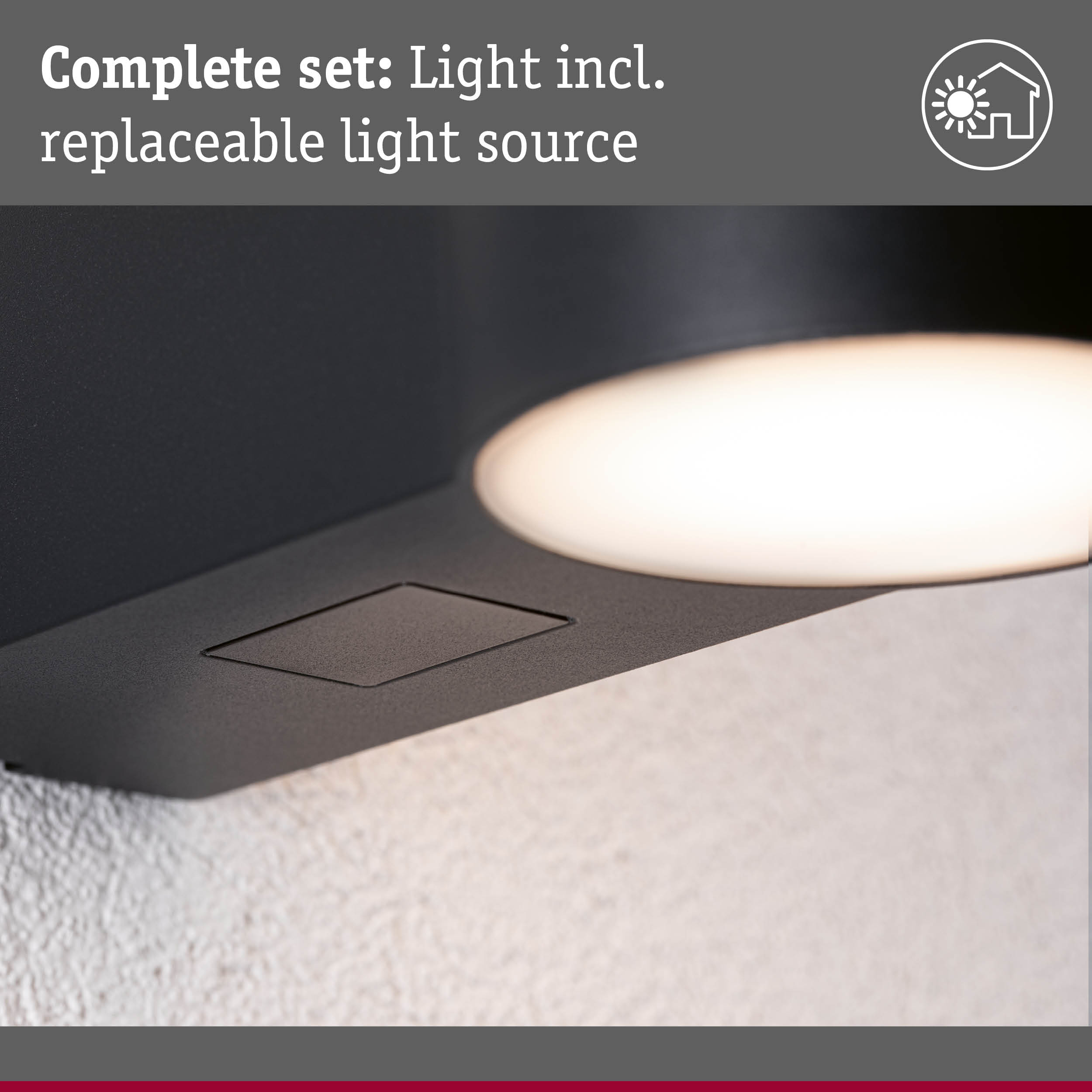 Czarna lampa ścienna ze zintegrowanym, wymiennym źródłem światła.