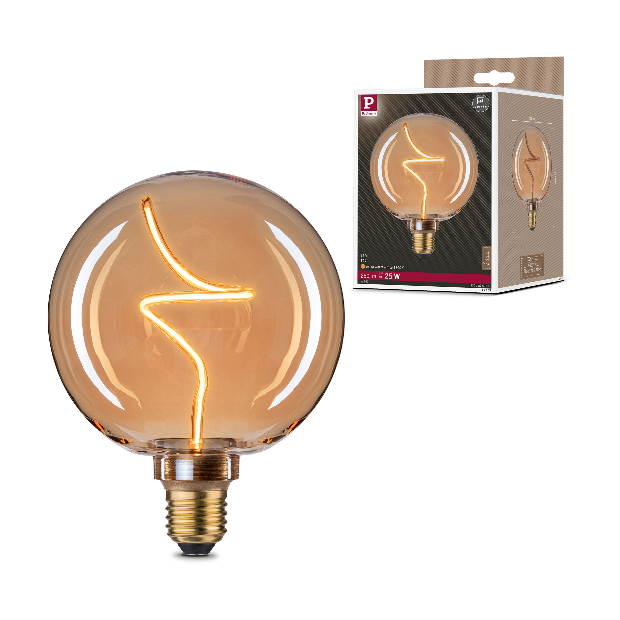 Bursztynowa żarówka LED z żarnikiem i cokołem E27, pokazana z opakowaniem.