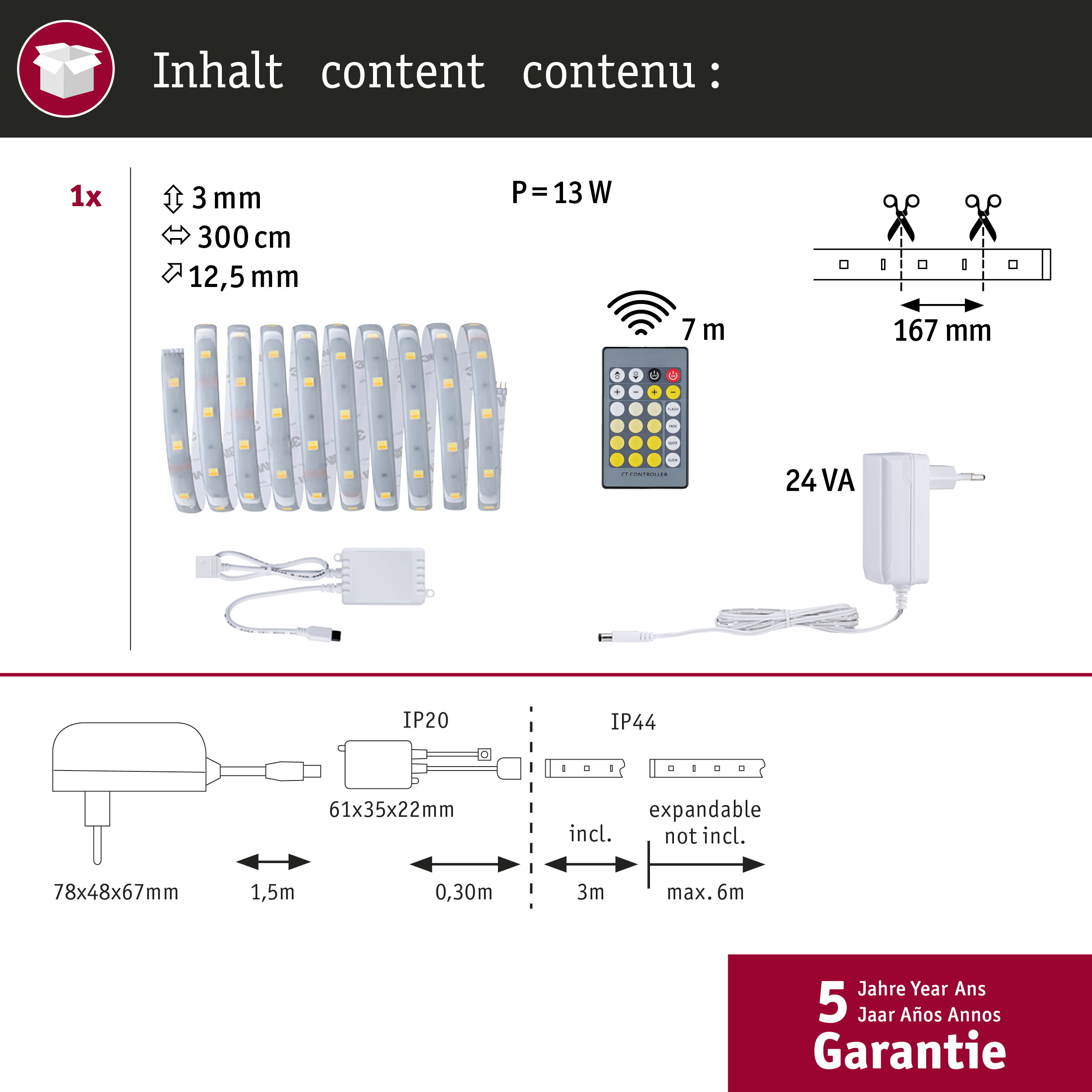 Packungsinhalt: LED-Streifen, Fernbedienung, Netzteil, Maße und Spezifikationen.
